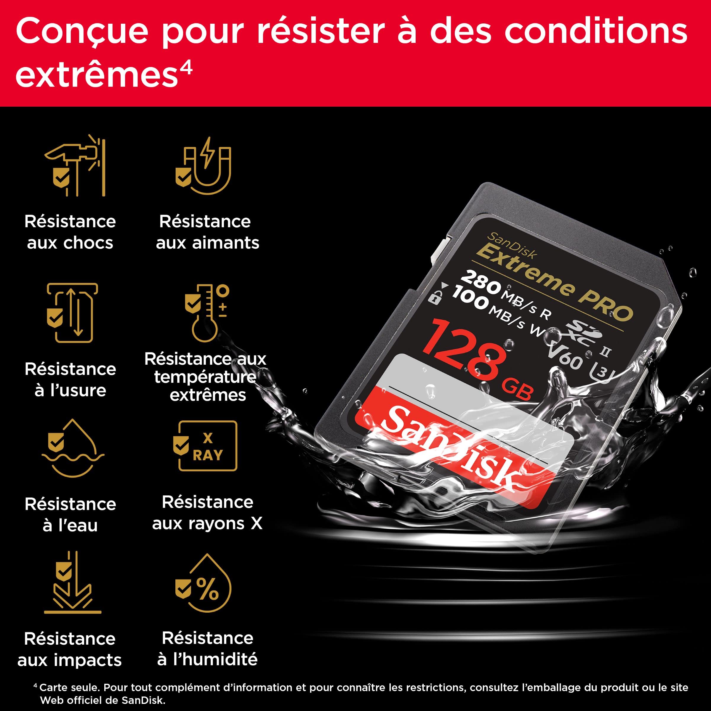 SanDisk Extreme PRO Carte SDXC 128 Go (Carte SD V60, Vitesse de Lecture jusqu'à 280 Mo/s, UHS-II, 6K, 4K UHD, logiciel de récupération des données RescuePRO Deluxe, Class 10, U3)