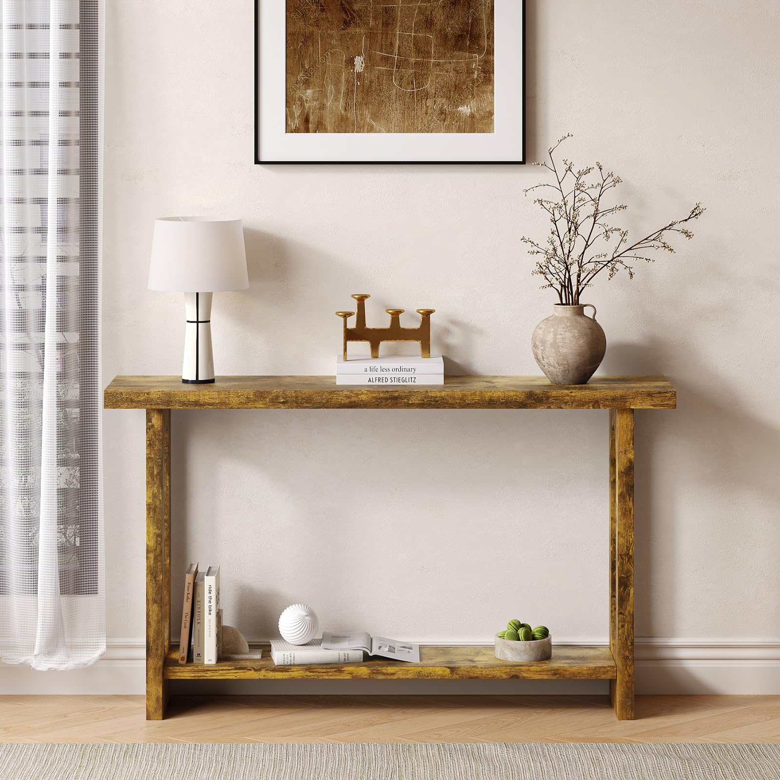 Mesa consola de 54 pulgadas, mesa de entrada estrecha de madera de granja con almacenamiento, mesas de sofá, mesa de pasillo para sala de estar, pasillo, entrada (rayas de tigre en relieve) 7