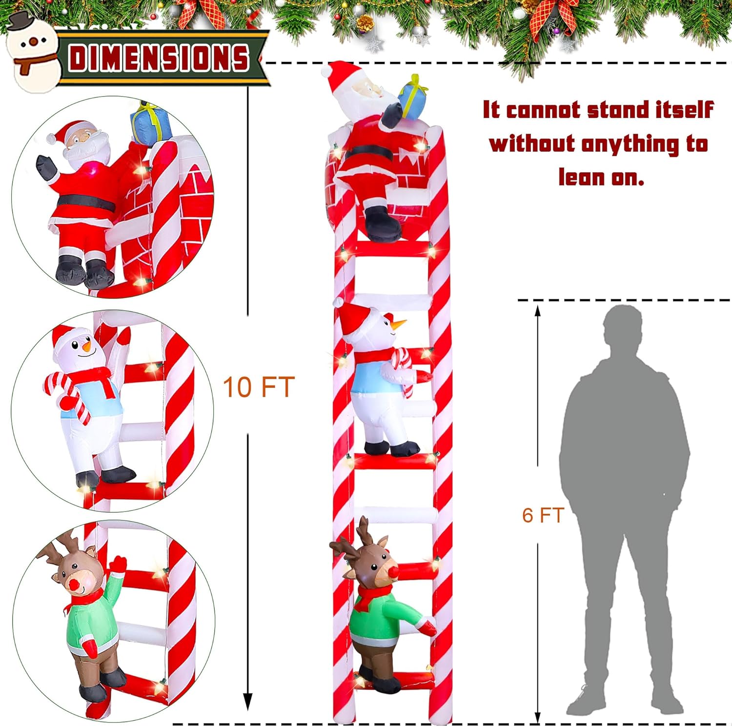 Joliyoou 10FT Christmas Inflatable Decoration, Giant Lighted Ladder to Chimney Climbed with Reindeer Santa Snowman, Xmas Blowups with C7 String Lights for Winter Holiday Roofs Decor