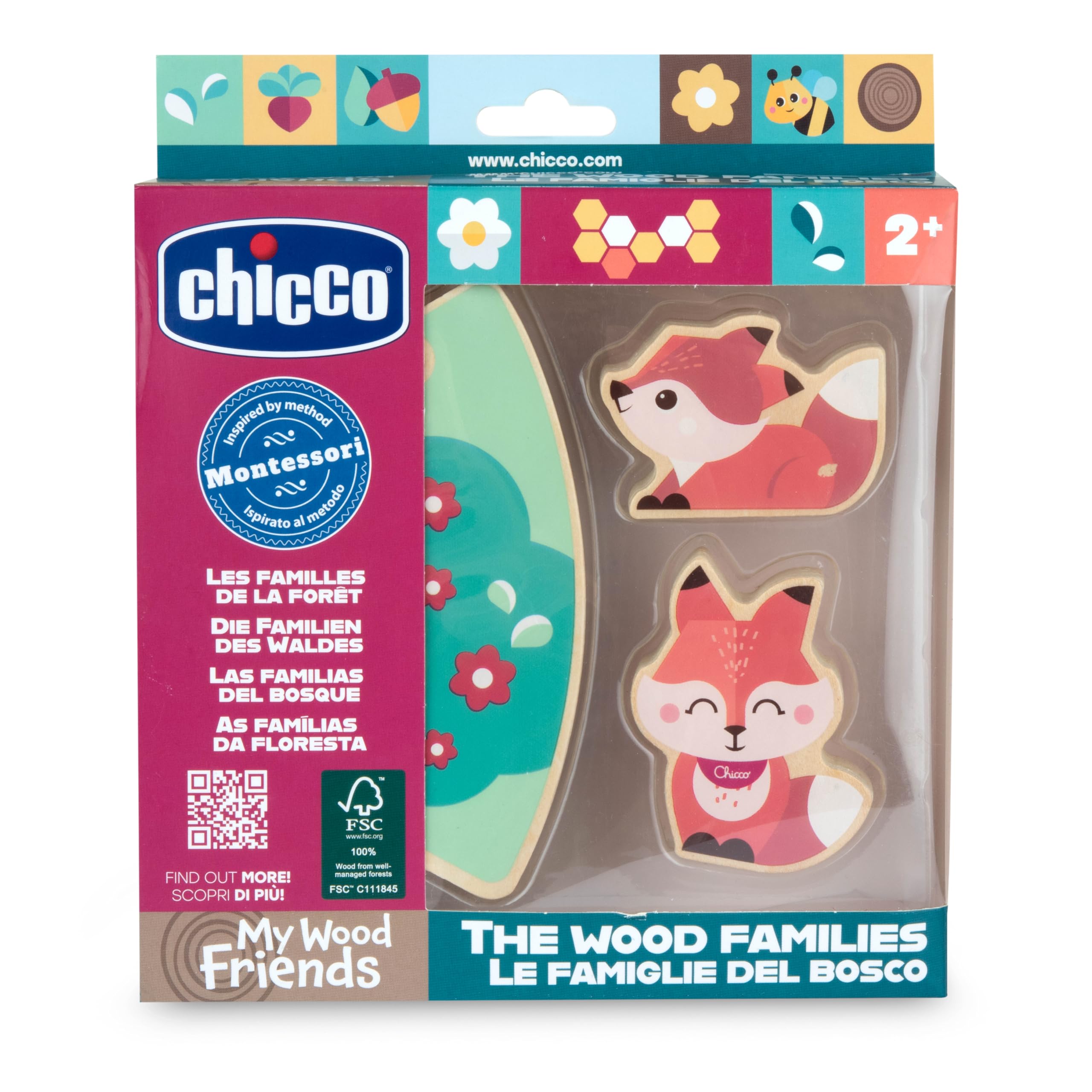 Chicco Personaggi in Legno My Wood Friends, Gioco sensoriale in legno,2 volpine,1 pezzo di puzzle,Ispirato al metodo Montessori,Collezionabili, Leggeri e facili da afferrare,Per creare storie, 2+ anni