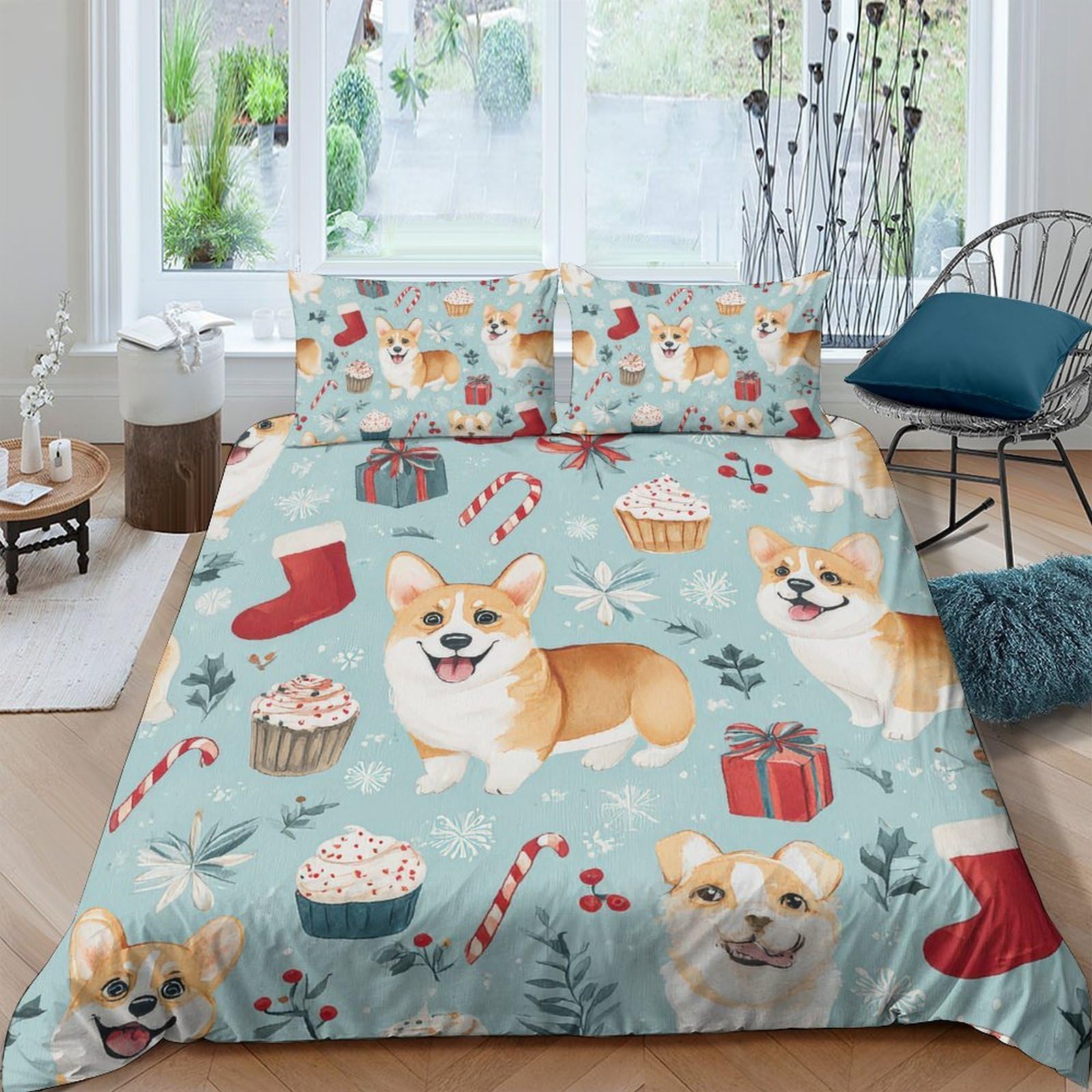 Ctjqhvkz Style-5 3D Printed Christmas Corgi Fitted Sheet Microfiber Soft Anti-Slip Bed Cover For Bedroom Dorm Decor Single（135X200cm）
