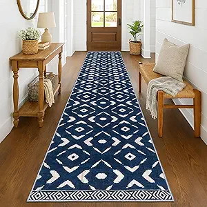 KILOCOCO Hallway Runner Rug 2.6'x14' Runners for Hallways Washable Runner Soft Non Slip Printed Geometric Low-Pile Rugs Runners for Bedroom Kitchen Living Room Boho Rugs, Blue