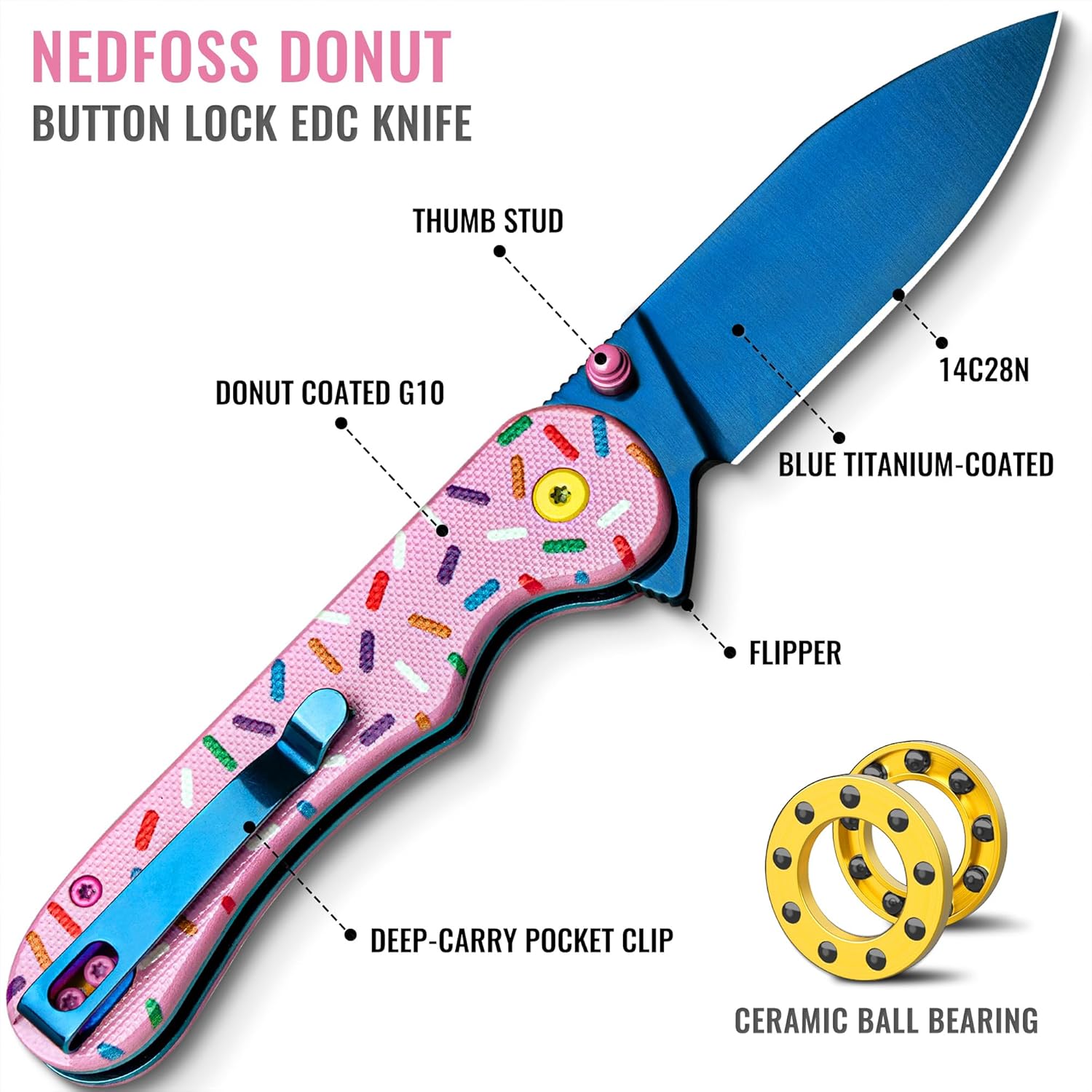 NedFoss DONUT Pink Pocket Knife for Women Men, 2.9" Blade Small EDC Knife, 14C28N Steel Button Lock Knife, Unique Donut Design G10 Handle Folding Knives