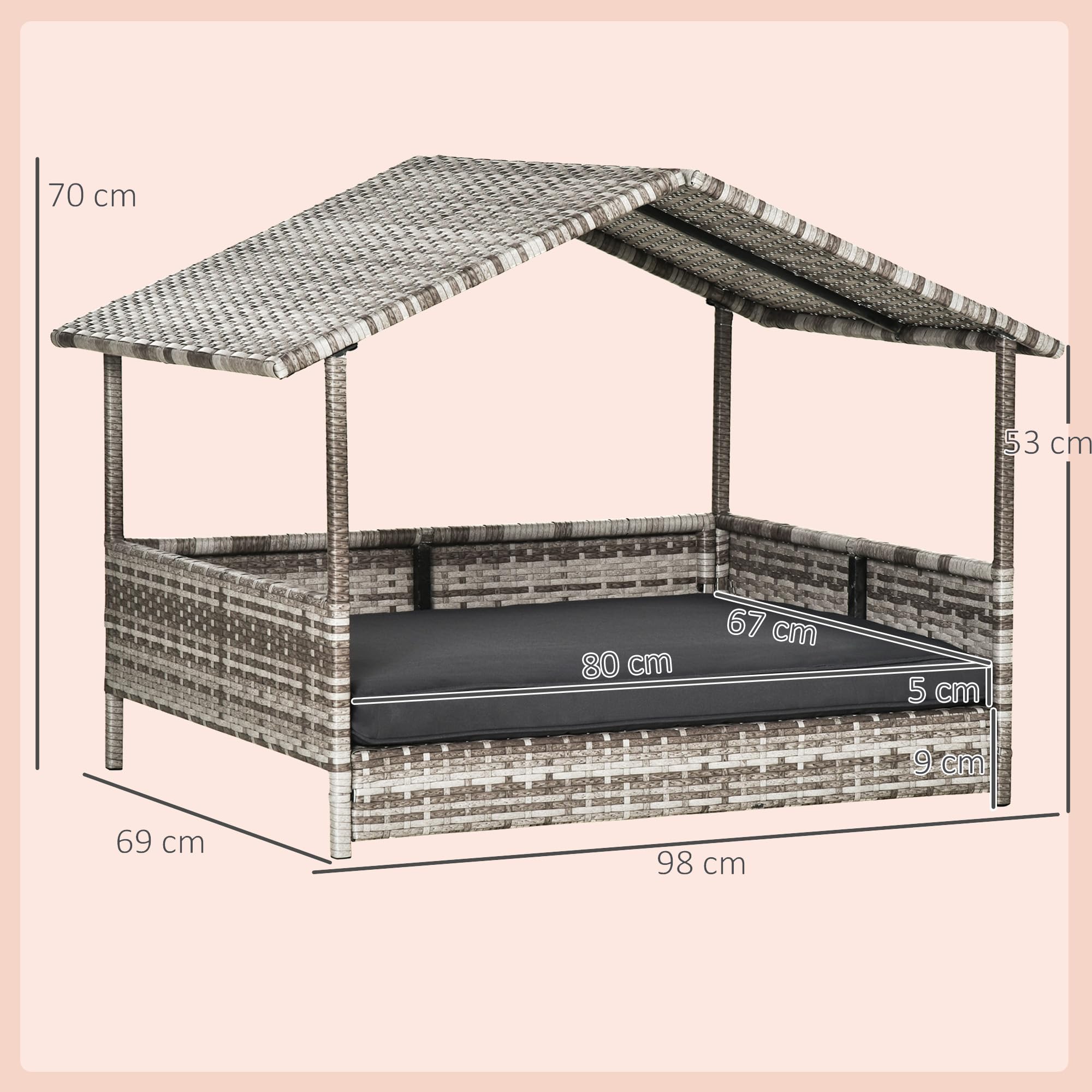 Casa para Perros PawHut de ratán con cojín, Cama para Perros en Forma de casa, caseta para Perros de Exterior, Estructura de Acero, plástico, Gris, 69 x 98 x 70 cm