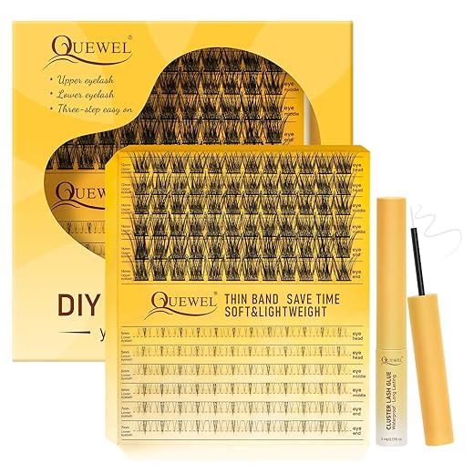 Lashes Individual Cluster QUEWEL 144pcs Cluster Lashes Kit, Natural Look Upper and Lower Lashes for Beginners, DIY Eyelash Extensions Individual Lashes with Bond and Applicator at Home(Easy 02 MIX)