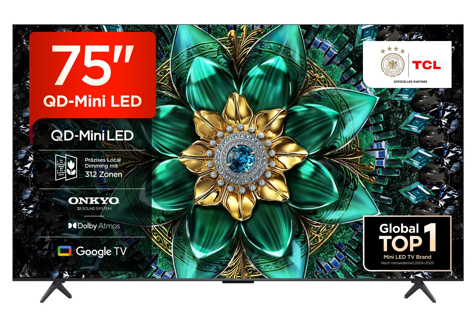 TCL 75Q6C 75 Inch QD Mini LED TV, 4K HDR Premium 1000nits, Smart TV with Google TV (Dolby Vision IQ & Atmos, Onkyo 2.1 Sound System, 144Hz Motion Clarity Pro, Game Master)