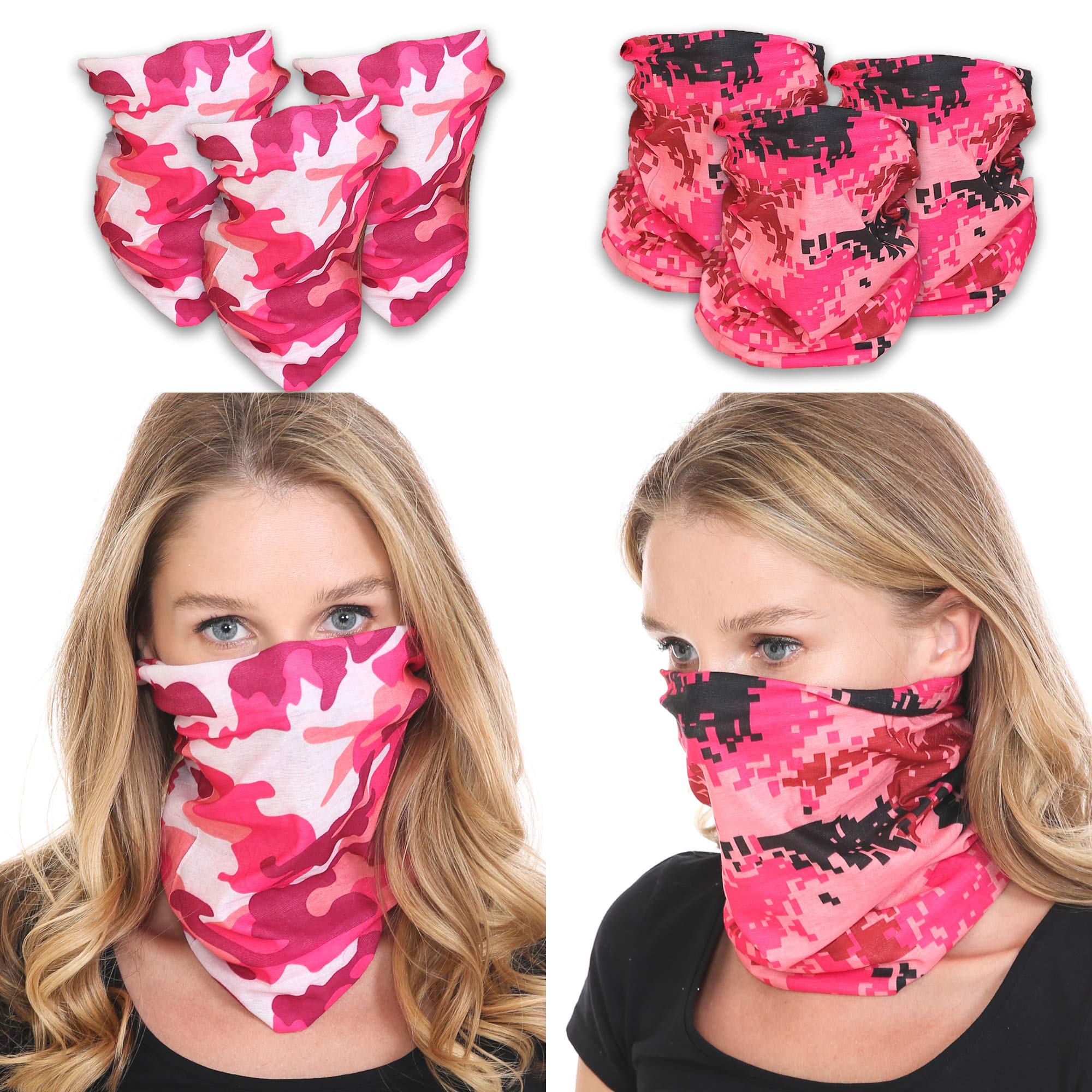 Triple9-6 Pack Neck Gaiter, Balaclava Cooling Breathable Face Mask UV Protection Scarf Hiking Bandana for Men/Women (6PK Pink Camo)