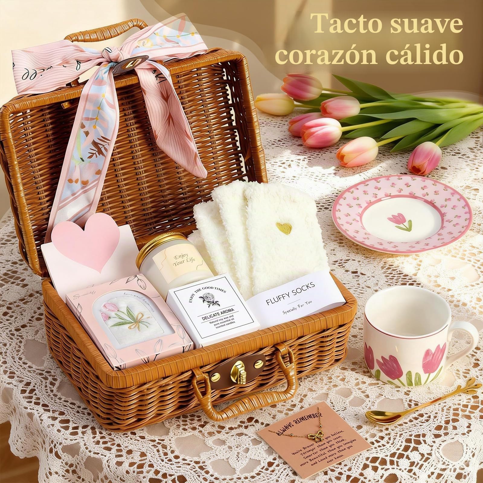 Originales Regalos para Mujer Cumpleaños Set, Elegante Canasta de Regalo & Vajilla de Cerámica con Tazas & Vela Perfumada & Collar, Regalos del Día de la Madre para Mamá San Valentín Mujeres Esposa