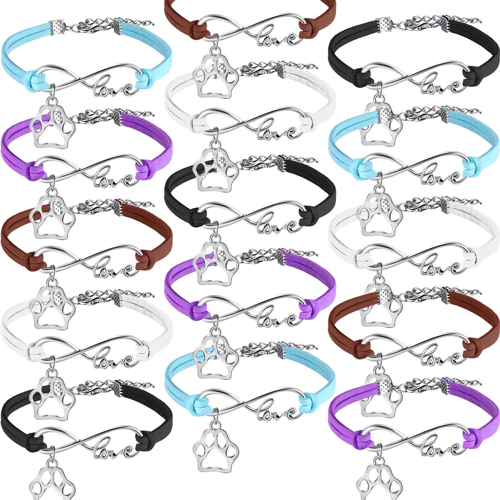 Blulu 15 Pack Paw Print Bracelet Bulk Puppy Party Dog Bracelets for Women Men Adjustable String Charm Bangle Jewelry Memorial Jewelry Gifts for Birthday Party Favors(Brown, Blue, White, Purple, Black)