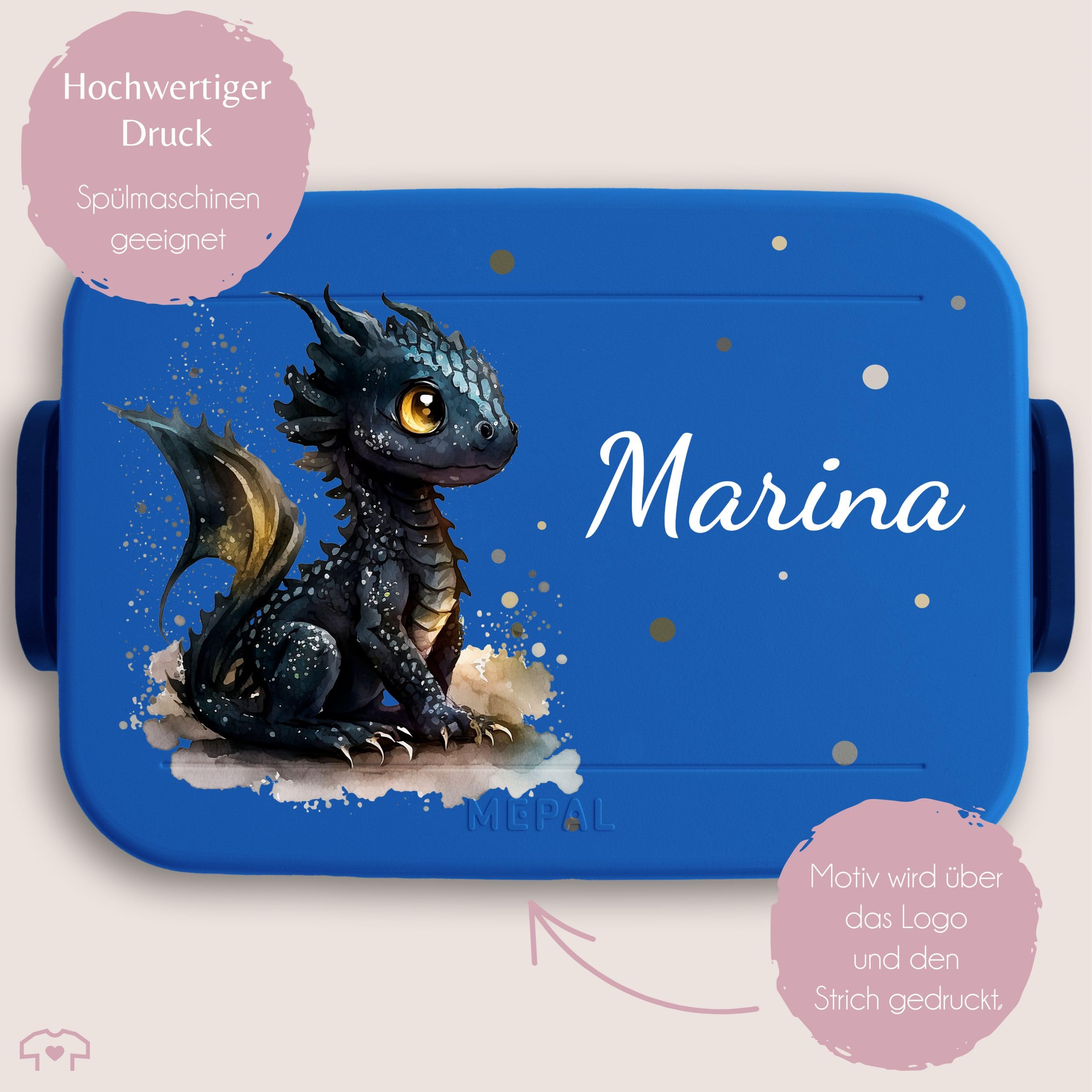 Mepal Bentobox Lunchbox - Drachendesign, Personalisierbar, 900 Ml, Blau, Mit 2 Einsätzen & Gabel