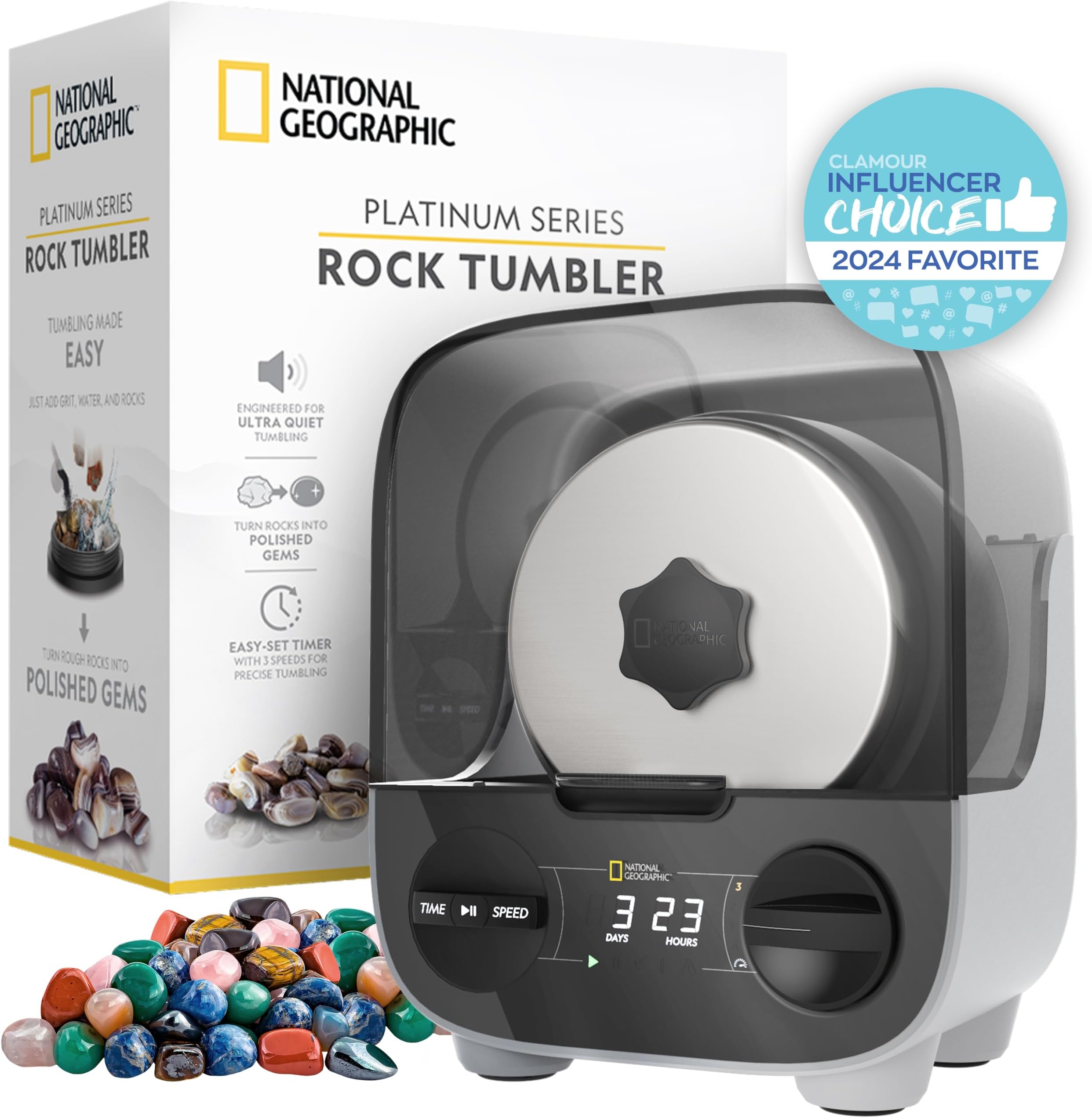 Professional Rock Tumbling Kit - Patent-Pending Rock Polisher for Kids & Adults, Platinum Series Ultra Quiet, 2 lb. Barrel, Rocks, Grit, GemFoam Polisher, Rock Tumblers for Adults