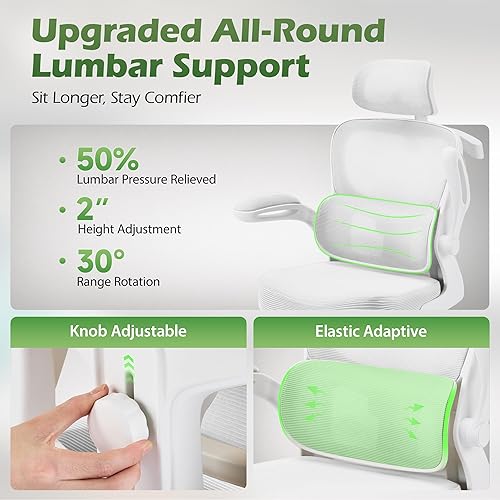 Miniatura 3 de Silla de Oficina Ergonómica con Soporte Lumbar Ajustable y Gancho para Reposacabezas, Silla de Malla Transpirable de Respaldo Alto con Ruedas, Silla