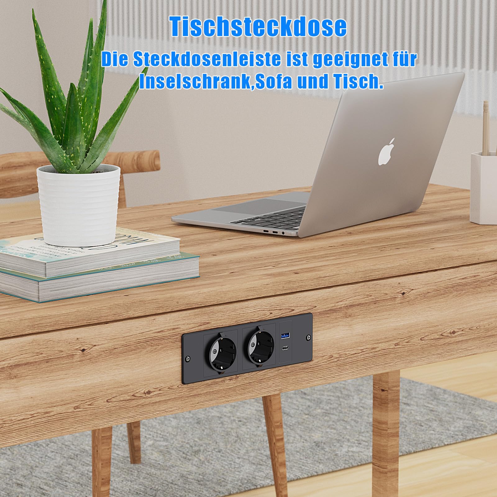 Prise de Table avec USB C PD 20W, Prise encastrée 2 Prises avec USB A, multiprise encastrée pour Plateau de Table Meubles ou Plans de Travail, 2m de câble, 250W/16A, Noir