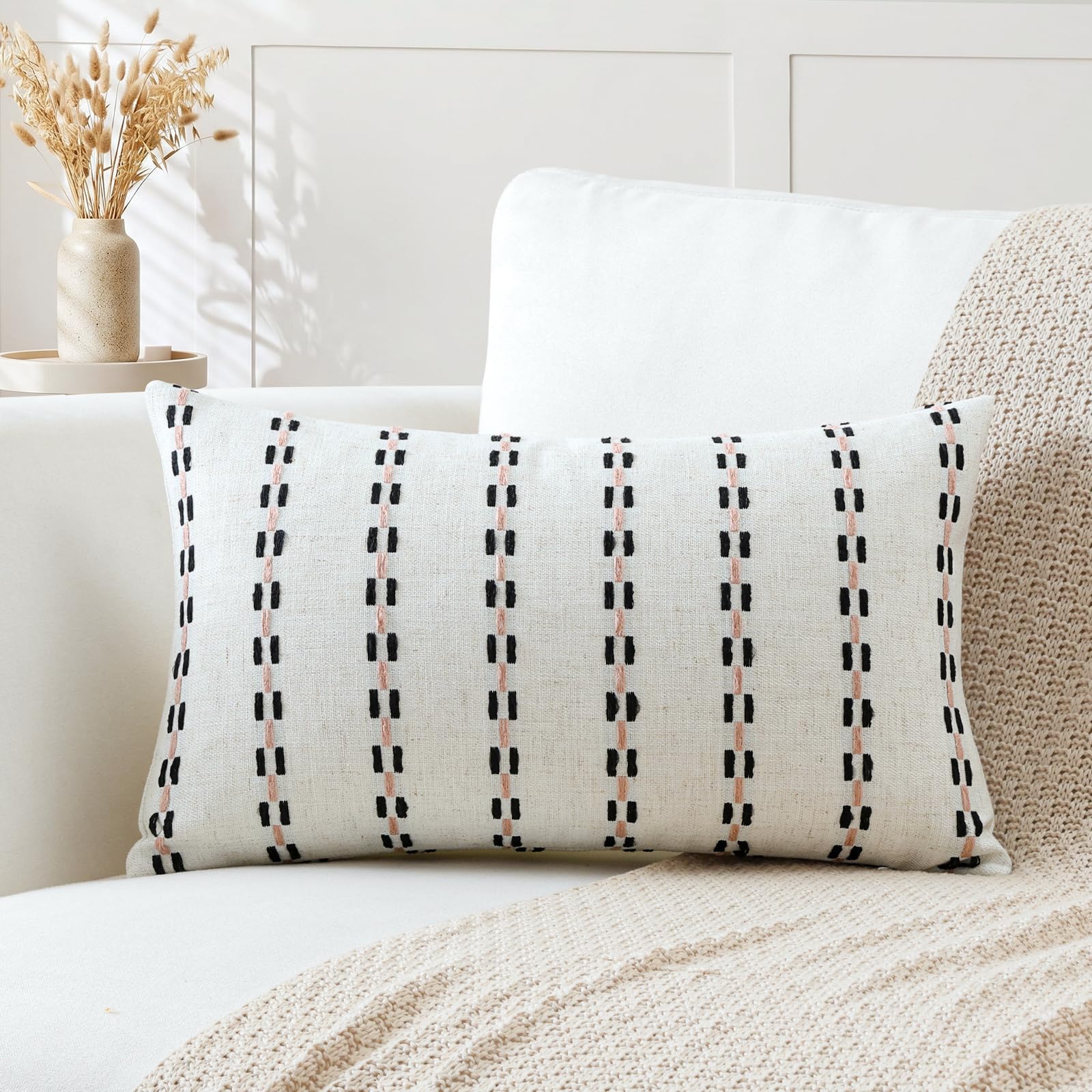 Artscope Pack of 1 Striped Geometric Cushion Cover 40x60cm Soft Lumbar Pillowcase Decorative Farmhouse Accent Couch Throw Pillow Cover for Living Room Bedroom Black + Pink โ image 1