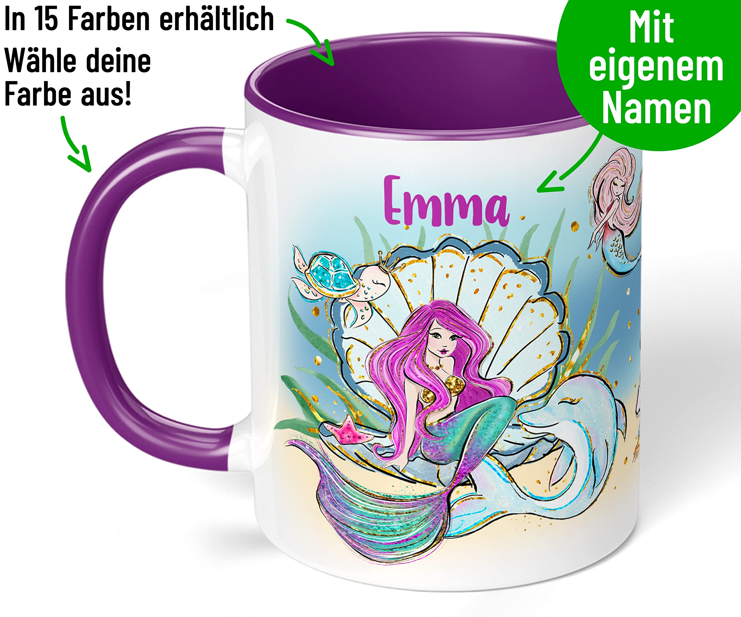 Personalisiertes Meerjungfrau-Kindertasse Mit Namen – Keramik, 330 Ml, Spülmaschinenfest, Violett