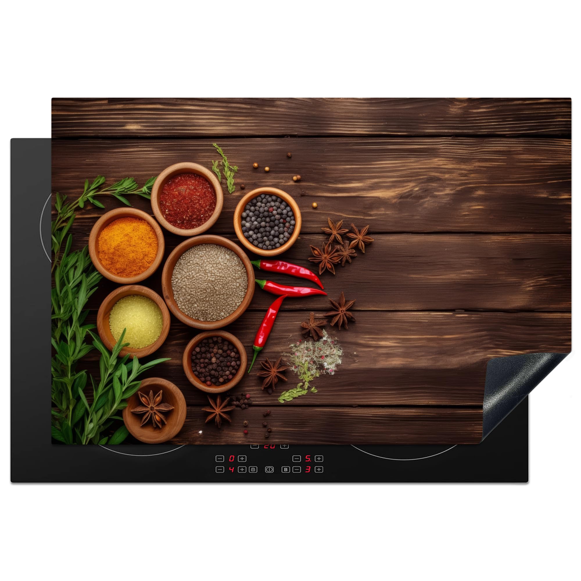 KitchenYeah© Induction Hob Protector Mat 20.5"x30.7" / 78x52 cm Cooker Top Protectors Cover Ceramic Covers Electric Hobs Vinyl Herbs - Spices - Red Pepper - Wood Print - Still Life