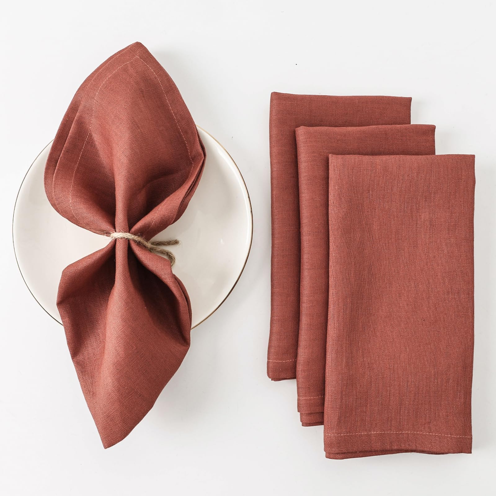 HSOFTIFY 100% Natural Linen Napkins with Solid Set of 4, Rust Red