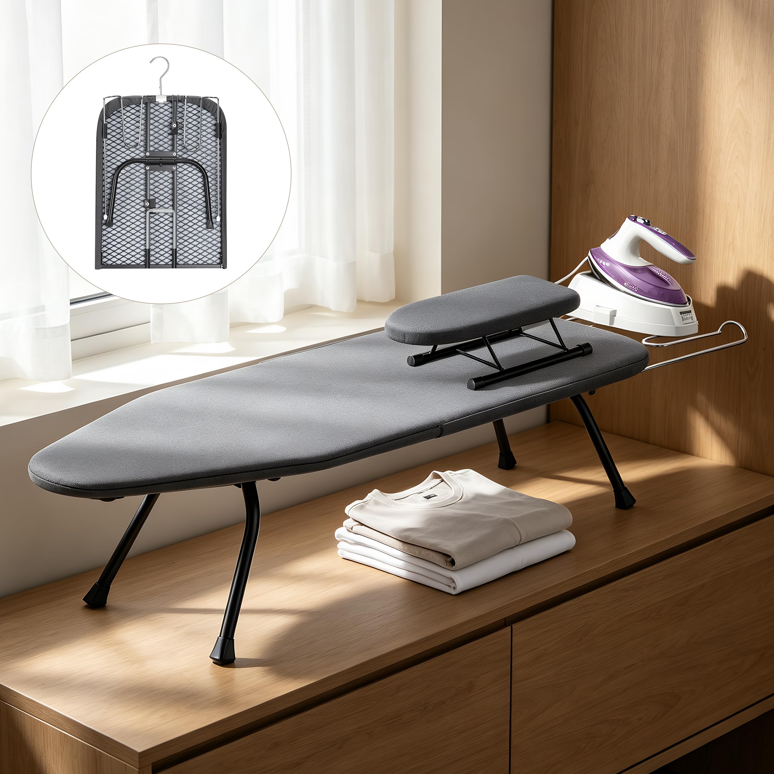 Foldable Table Top Ironing Board Set with Iron Rest and 1 Mini iron board for Sleeves or Pants with 4 Layer Heat Resistant Cover, Small Ironing Board Kit for Home Living Room, Travelling 76x31x18CM