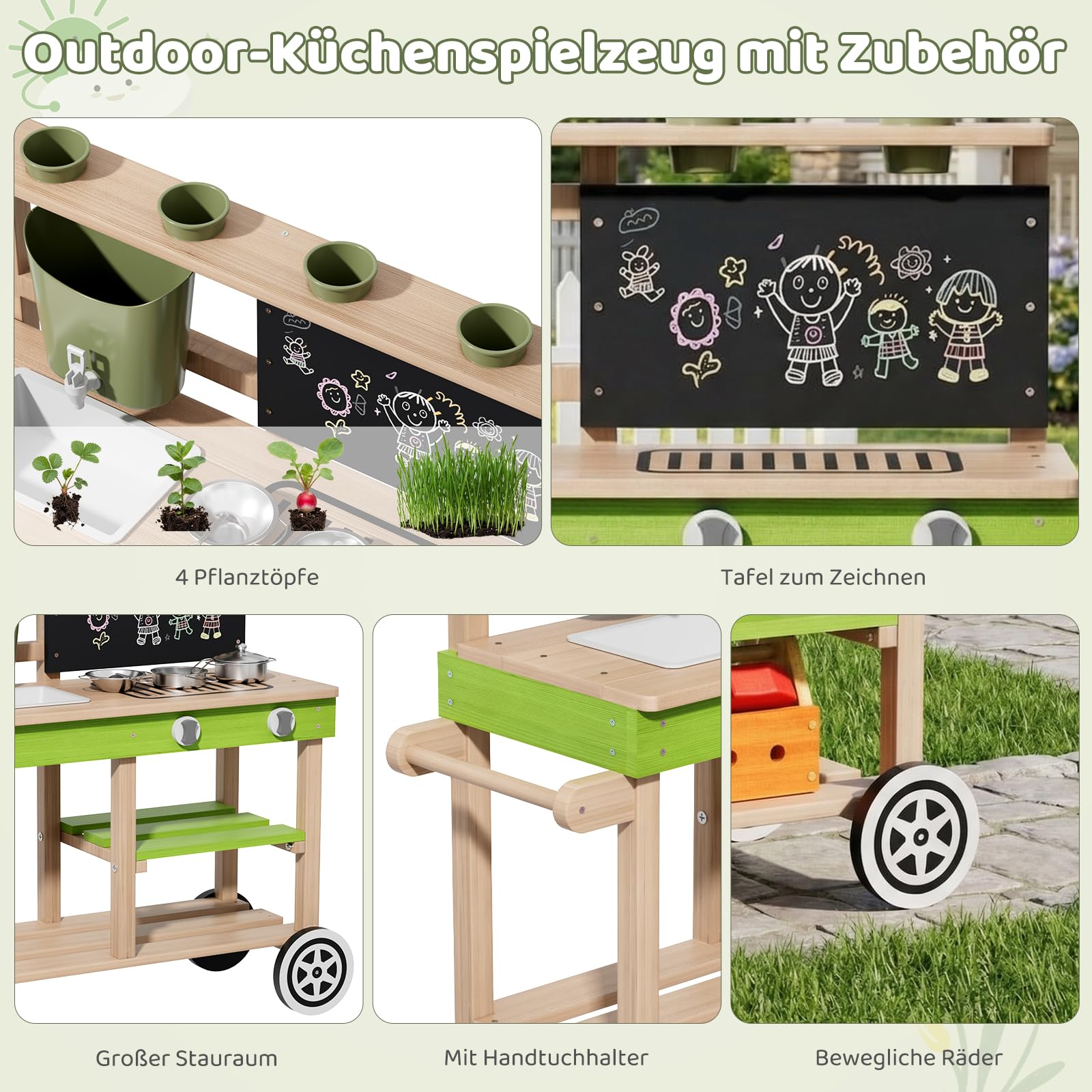 MAMIZO Cucina per Bambini da Esterno, Cucina Giocattolo in Legno con Ruote, Rubinetto Funzionante, 4PCS Vasi per Piante, Lavagna, Ripiani e Accessori Cucina, 88,5x33,5x85 cm, per Bambini +3 Anni
