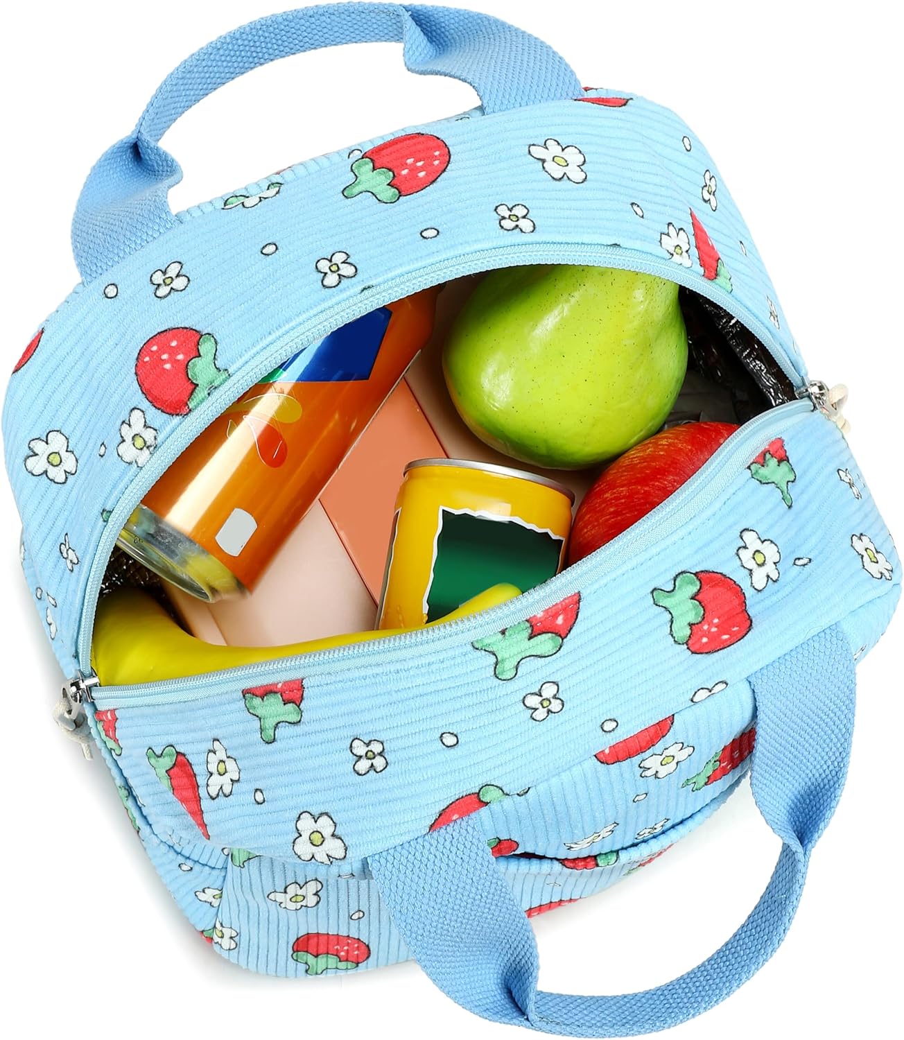 LEDAOU Kids Lunch Bag for Girls, Insulated School Lunch Box, Lightweight (Corduroy Blue Strawberry) image 3