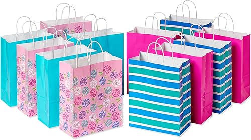 American Greetings Bolsas de regalo grandes de 13 pulgadas, 12 unidades, patrones rosas y azules
