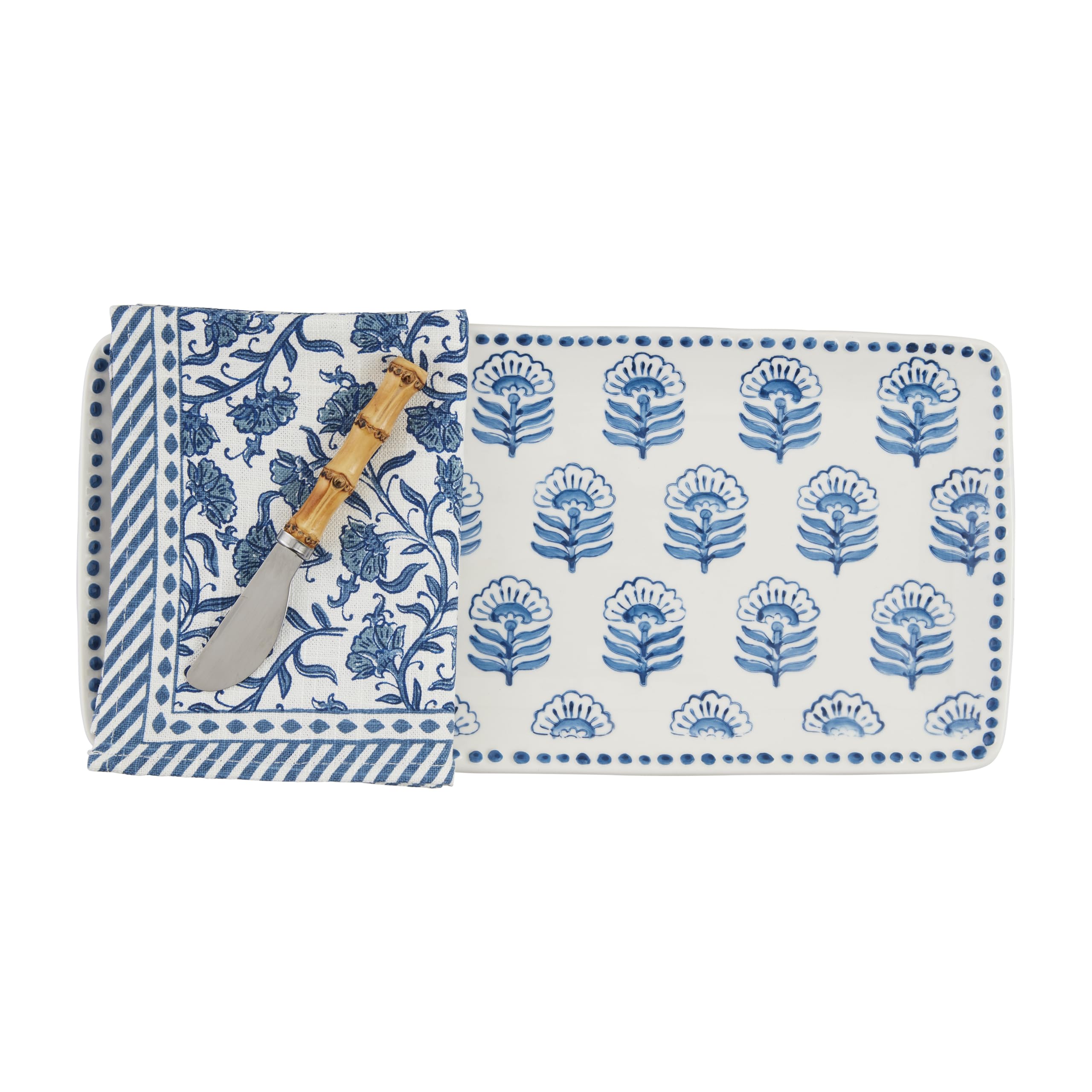 Plateau Mud Pie imprimé bloc bleu avec tartineur et serviette de table en coton