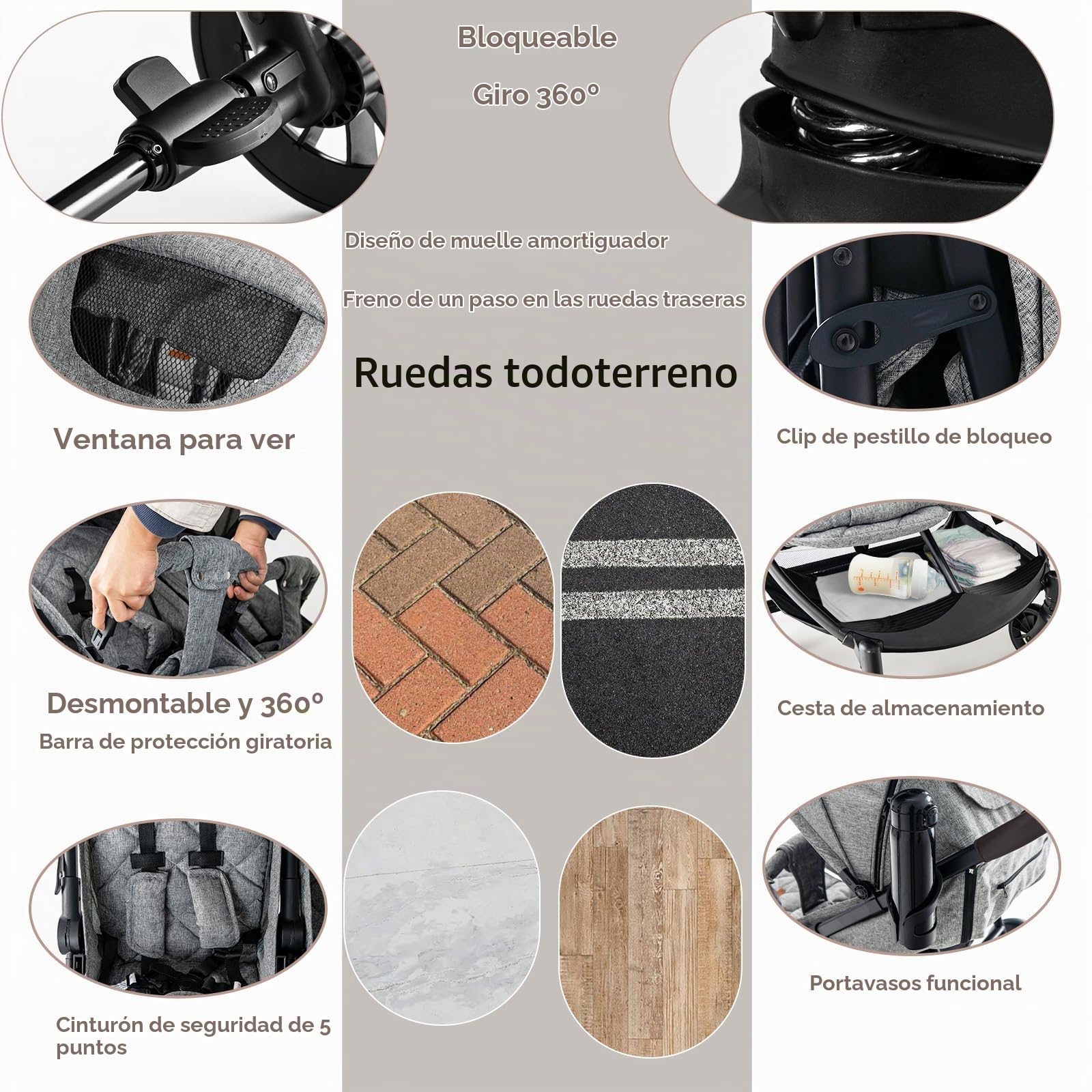 LIFEZEAL Silla de Paseo Gemelar, Carrito para Gemelos Plegable, Cochecito Doble con Respaldo reclinable en 3 posiciones, Arnés de 5 puntos, para Bebé de 0-3 años (Gris Claro)
