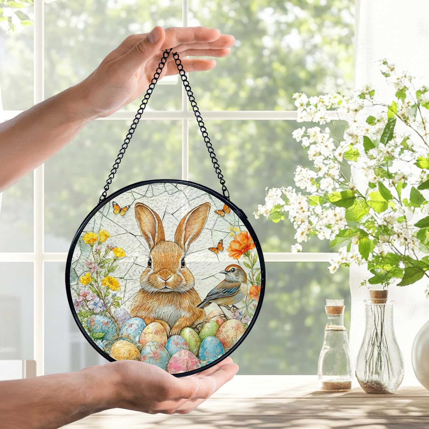 Easter Egg Bunny Bird Suncatchers Stained Glass Window Hanging, Easter Bunny Decor Sun Catchers Indoor Window Glass Round Wall Decor, Rabbit Wall Hanging Decorations, 7.9x7.9in