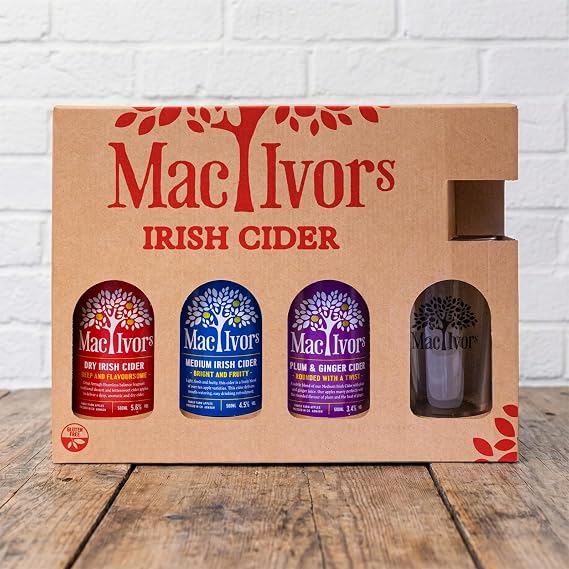 Mac Ivor Cider Gift Set | Award Winning Irish Cider: Dry, Medium, Plum & Ginger Large 500ml Bottles + Luxury Branded Glass