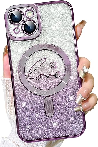 Vista 606 de Fiyart - Funda transparente magnética con purpurina para iPhone 12 para mujeres, con grabado "Love" metálico, protección para cámara y antigolpes