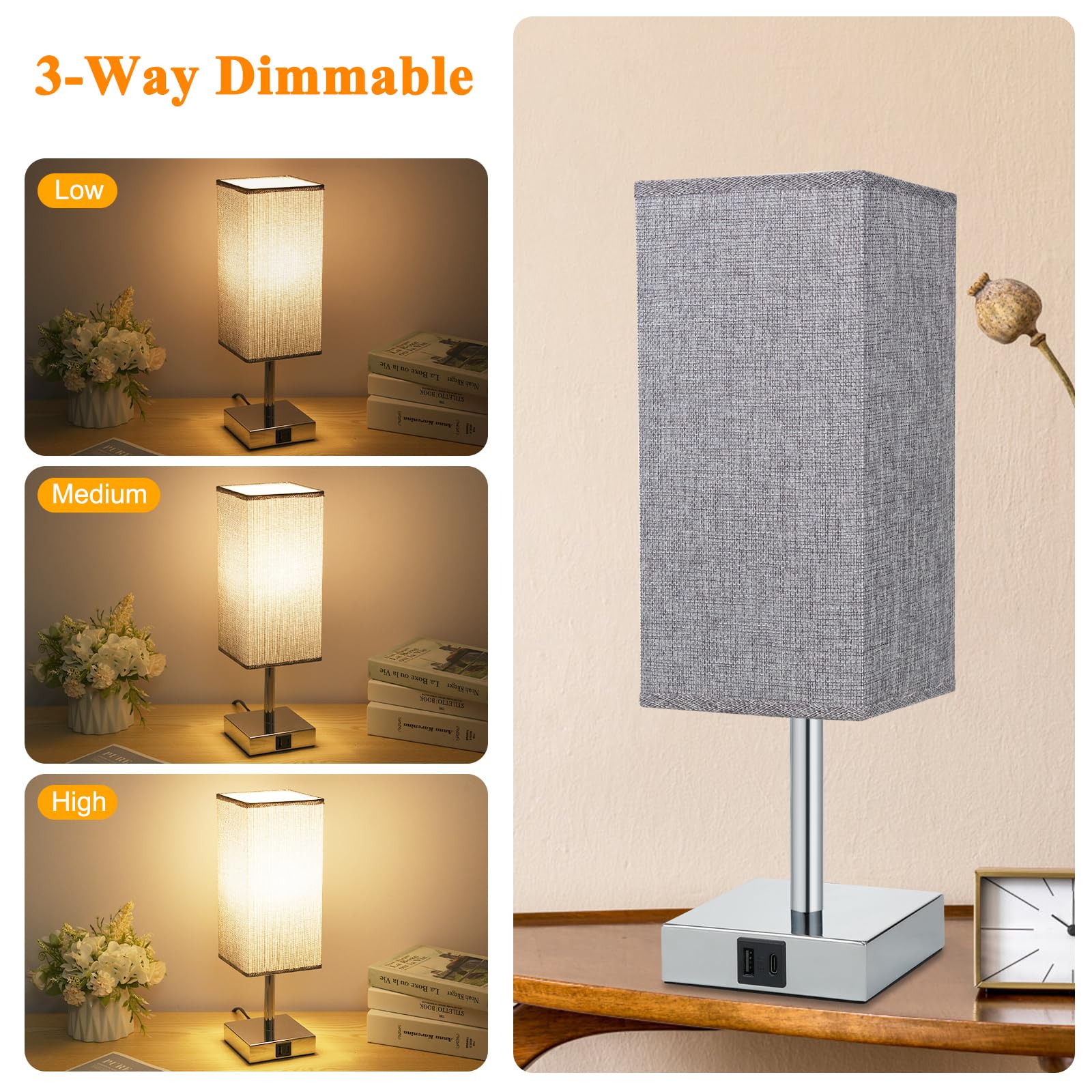 Neoglint Bedside Lamps Set of 2, Touch Control Table Lamps with USB-C+A Charging Ports and Bulbs - Image 3