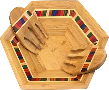 Totally Bamboo Baltique Marrakesh Collection 14" Salad Serving Bowl with Salad Hands, Bamboo and Colored Birch Wood
