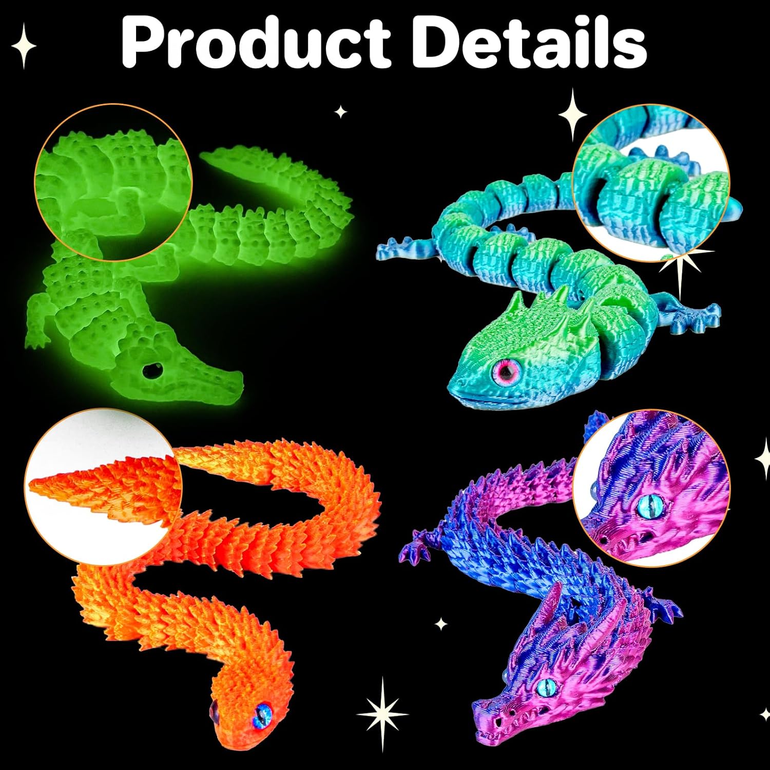 3D Printed Animals 3D Printed Toys Articulated Large 3D Printed Animal Figurines Fidget Toys with Snake, Dragon, Crocodile & Gecko, Perfect for Home Décor & Gift, 4Pack - Image 4