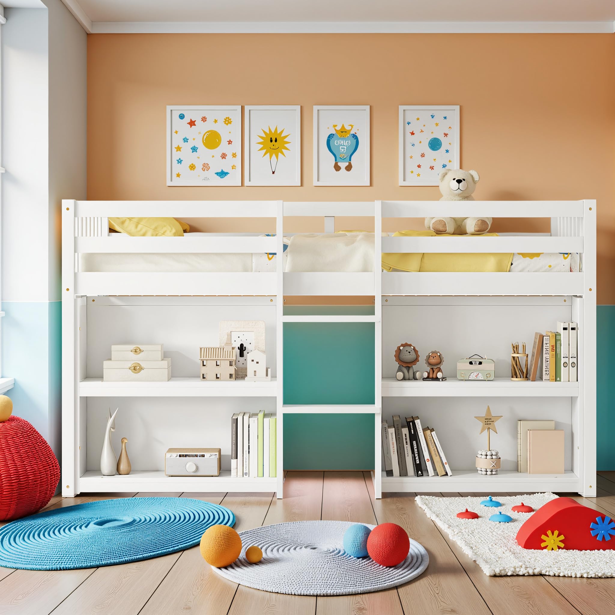 NicBex Twin Size Low Loft Bed with 2-Tier Shelves & LED Lights, Loft Bed Frame with Stairs & Stairway Storage Function & Wood Slats Support, Wood Twin Loft Bed for Girls or Boys Loft, White