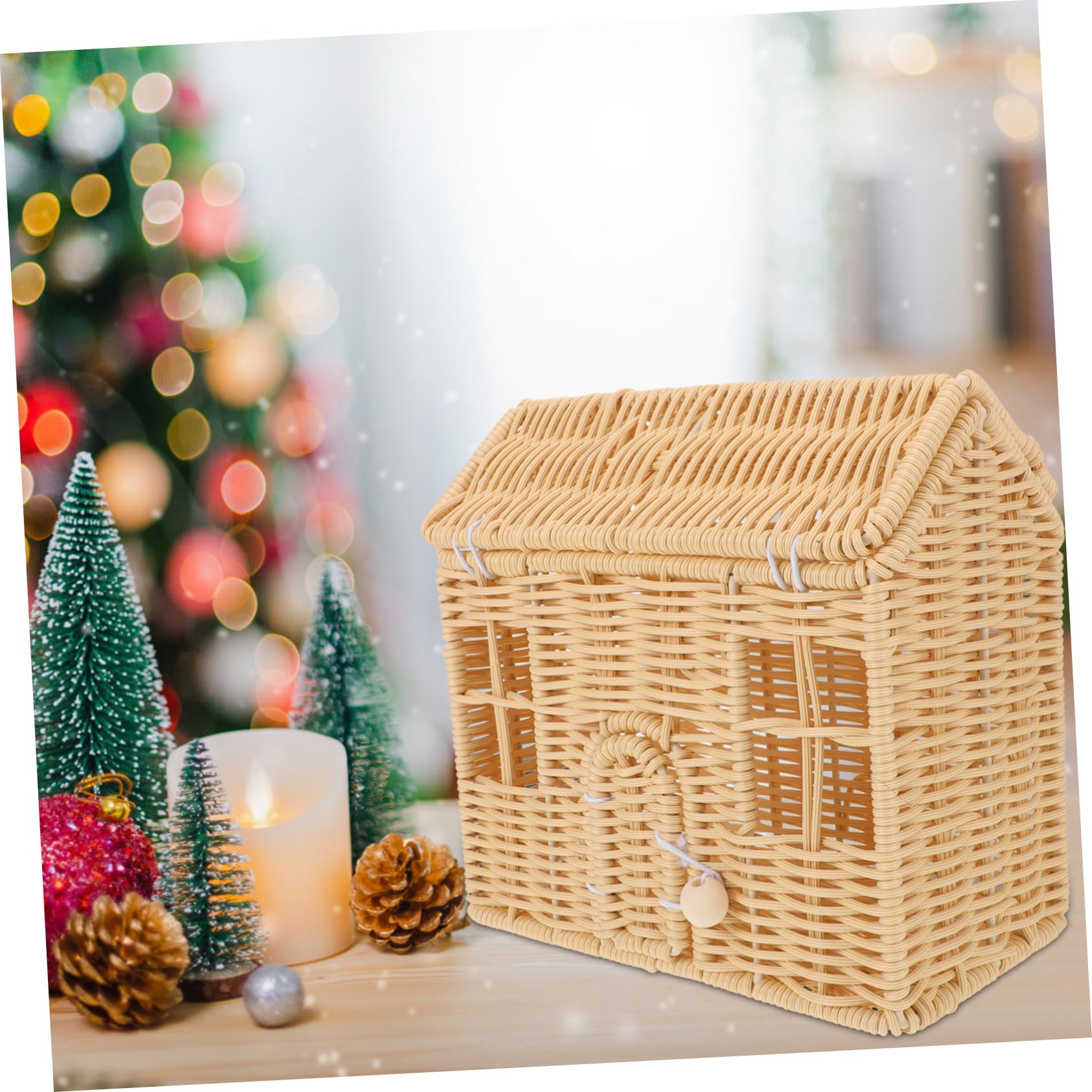 SOIMISS Cesta de Dulces Navideña Tejida Mano con Asa de Canasta de Casa de Ratán Imitación para Dulces y Regalos Decoración de Shower Canasta de Almacenamiento