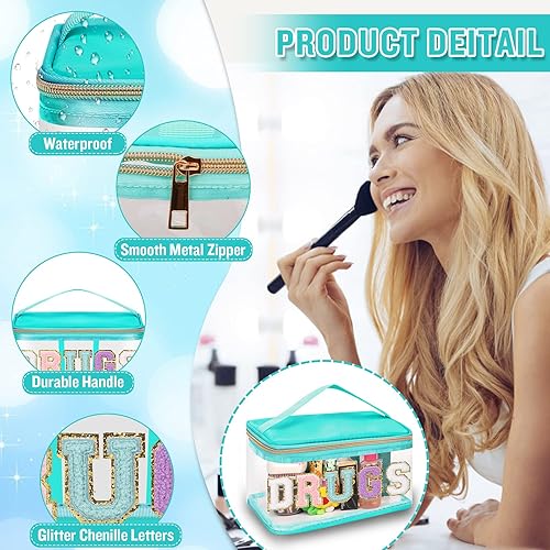 Miniatura 3 de izuzta Bolsas de maquillaje transparentes con letras de chenilla, bolsa de maquillaje de parche preppy con asa, DROGAS-Verde, Moda