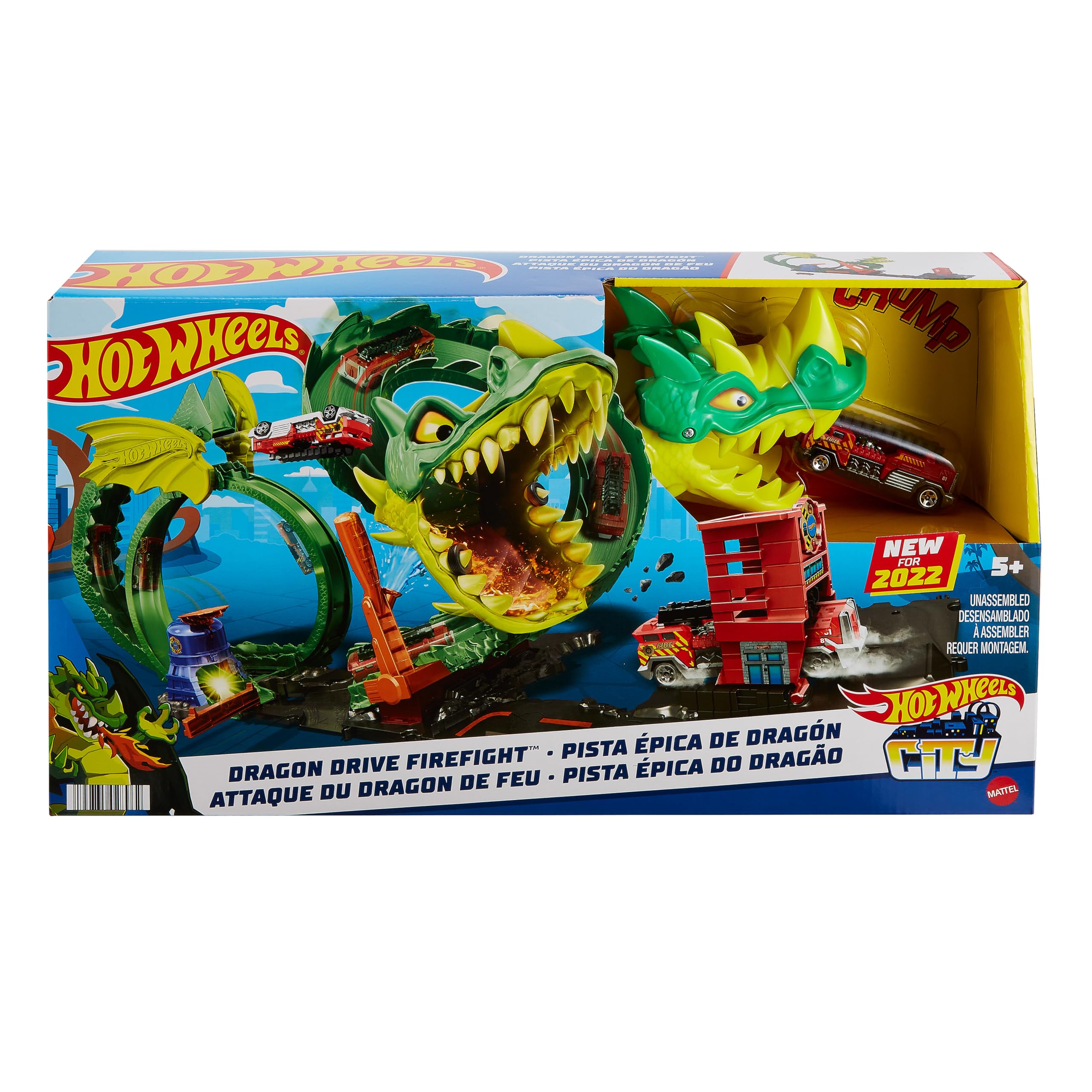 Hot Wheels-Dragone di Fuoco con 1 Veicolo Die-Cast Incluso e Stazione dei Pompieri, Giocattolo per Bambini 5+ Anni, HDP03