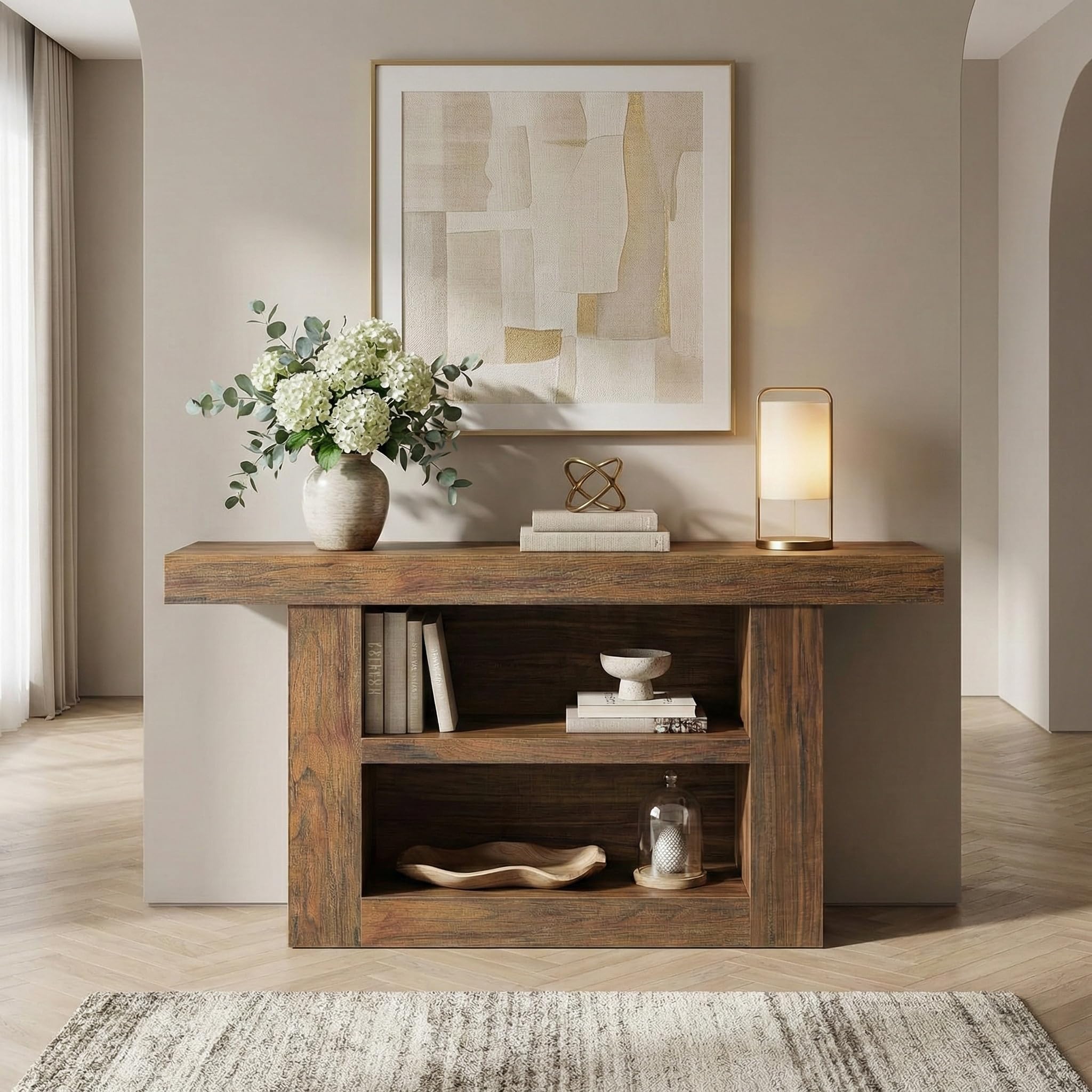 Lailang 160cm Mesa de Entrada, Mueble Pasillo Estrecho, Recibidor Entrada con Estante, Consola Recibidor Madera, Muebles Auxiliares de Salon, Recibidores Modernos, 160 x 8 x 20 cm, Brown