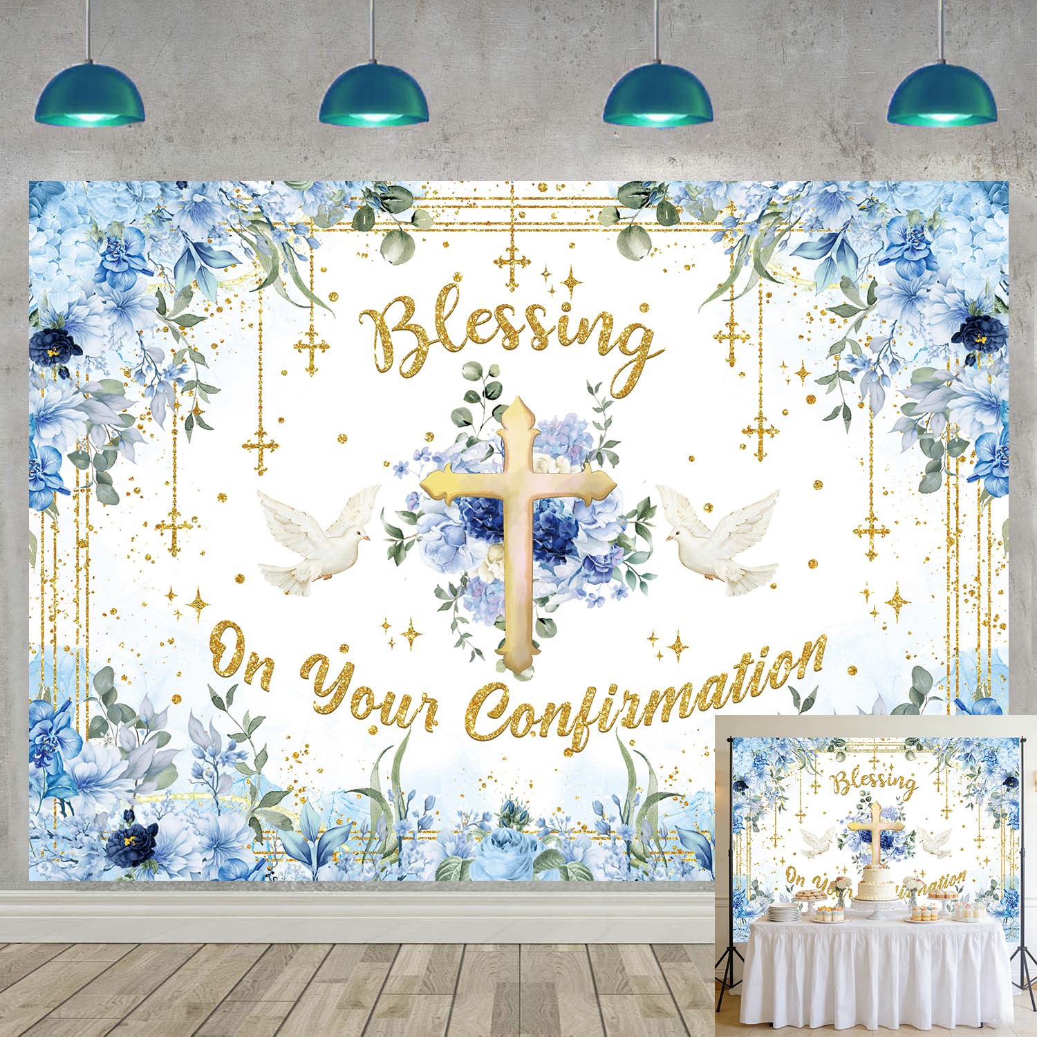 Blessing On Your Confirmation Backdrop Blue Floral Cross Baptism Photography Background First Holy Communion Baptism Baby Shower Party Decorations Banner (82x59 inch (7x5FT))