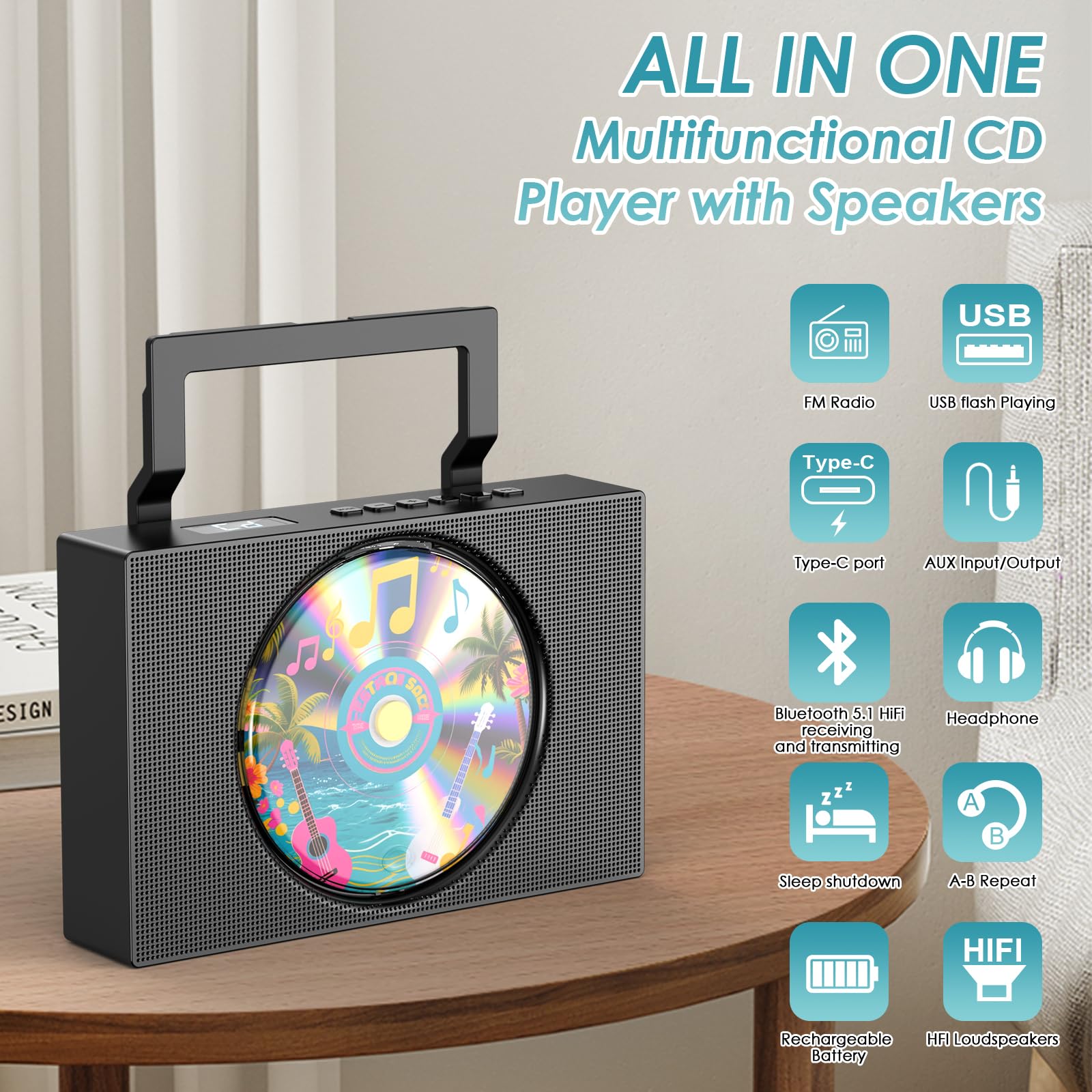 Gueray Lettore CD Portatile Bluetooth CD Player Hifi con display