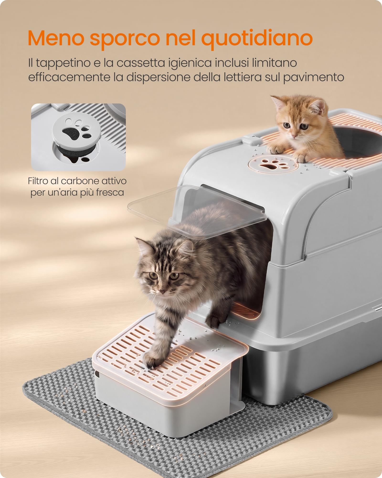 Feandrea Lettiera per Gatti in Acciaio Inox con Coperchio, Lettiera Chiusa, 2 Ingressi, Paletta e Spazzola, Toilette per Gatti fino a 15 kg, Grigio Chiaro PPT021G101