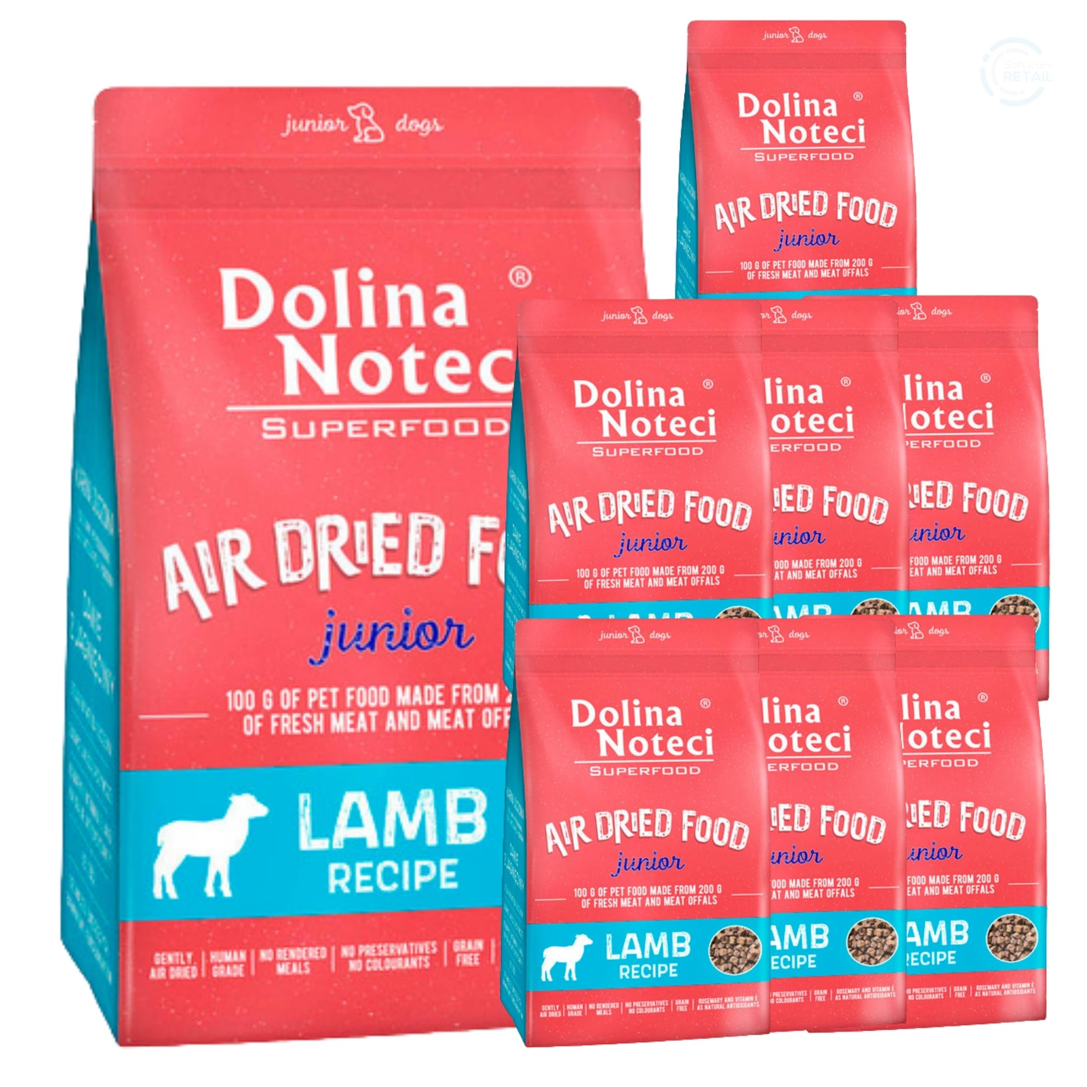 Dolina Noteci Premium Nutrient-Rich, Grain-Free Air Dried Dog Food with 80% Fresh Meat & Superfoods for Optimal Health – Perfect for Junior Dogs of All Breeds! (Lamb, 8x1kg)