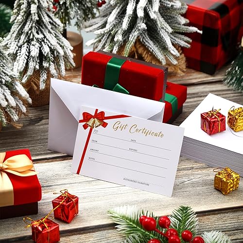 Miniatura 5 de 50 juegos de certificados de regalo de Navidad en blanco con 50 sobres de regalo a juego, cinta roja de 3.5 x 5.5 pulgadas, tarjetas de regalo para
