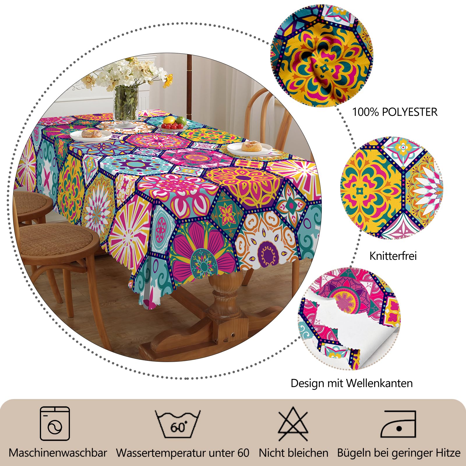 IEvery Nappe Rectangulaire Anti-Tache 150x220 Cm Fleurie - Imperméable Polyester Pour Table Salle à Manger, Jardin Et Pique-Nique
