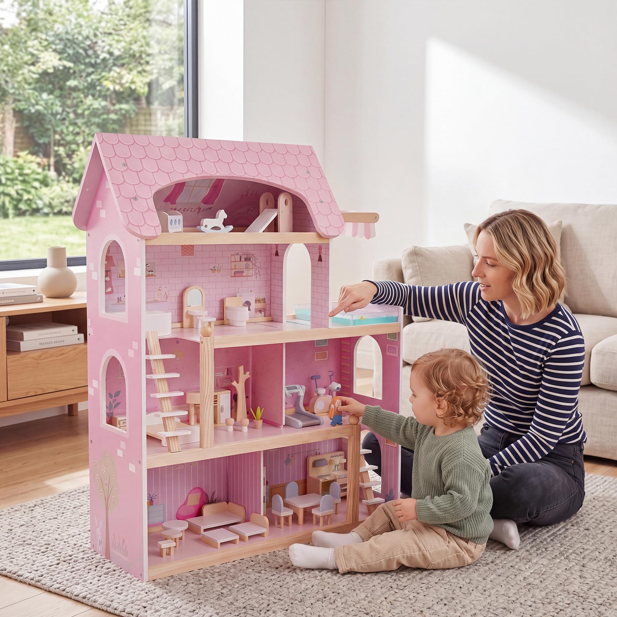 HOMASIS Puppenhaus inkl. komplettem Möbeln & Zubehör, Bunt Puppenstube Holz, Puppenvilla mit 3 Etagen & vielen Zimmern, Dollhouse für Mädchen, Traumvilla für Kinder ab 3 Jahren (Modell 5, Rosa)