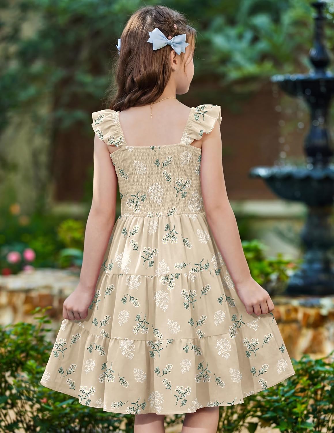 Arshiner Girls Dress Ruffle Sleeve Button Down Smocked Sundress Party Dresses with Pockets 6-14Y