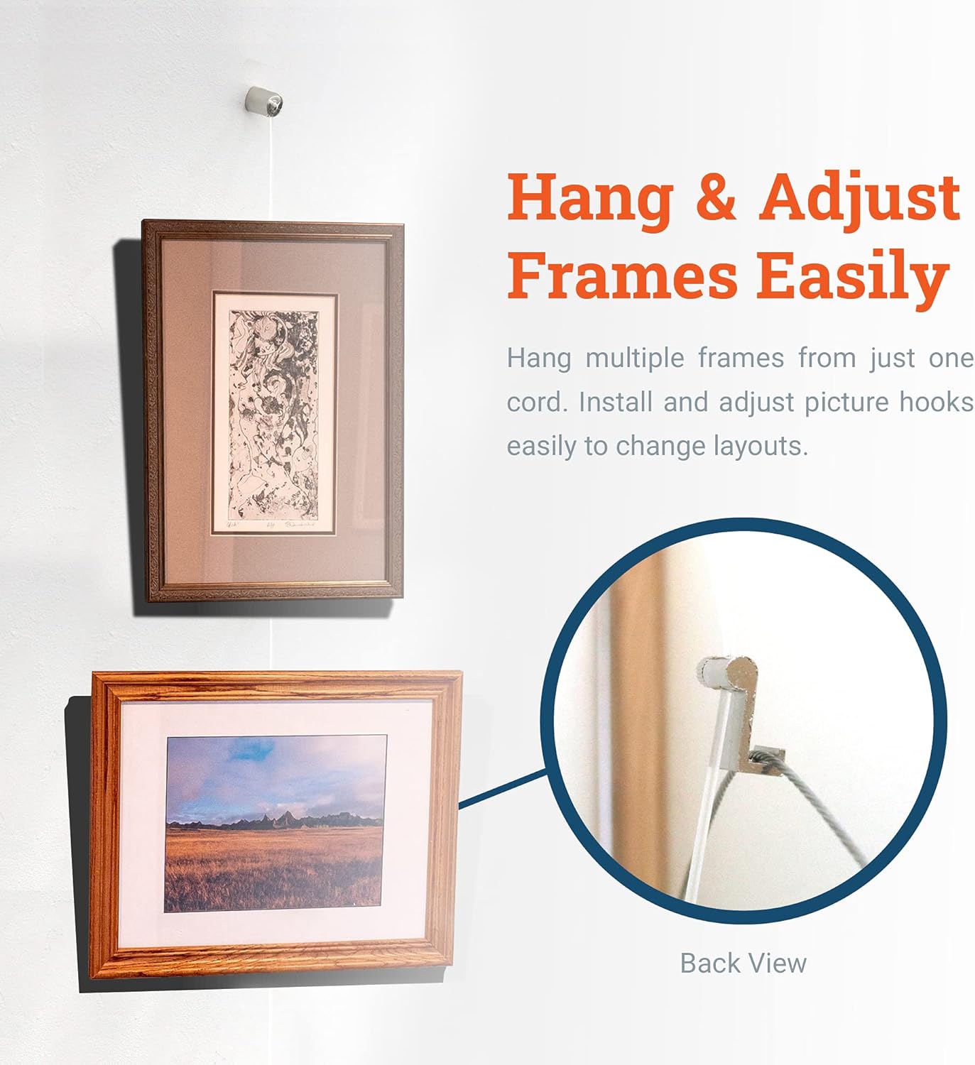 PHS Adjustable Picture Hanging System - Bullet Hanger with Nylon Cable & Gallery Hooks - Art Hanging System - Art Cable Supports 25 lbs - No Track Needed