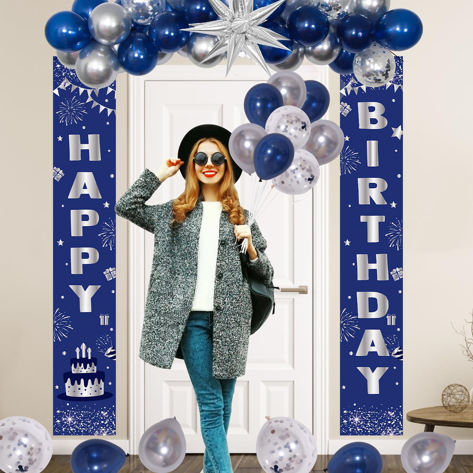 Decoraciones de cumpleaños azules para niños, hombres y mujeres, decoraciones de feliz cumpleaños, azul marino y plateado, globos de feliz cumpleaños, cubierta de mesa, cortina de flecos, pancarta de