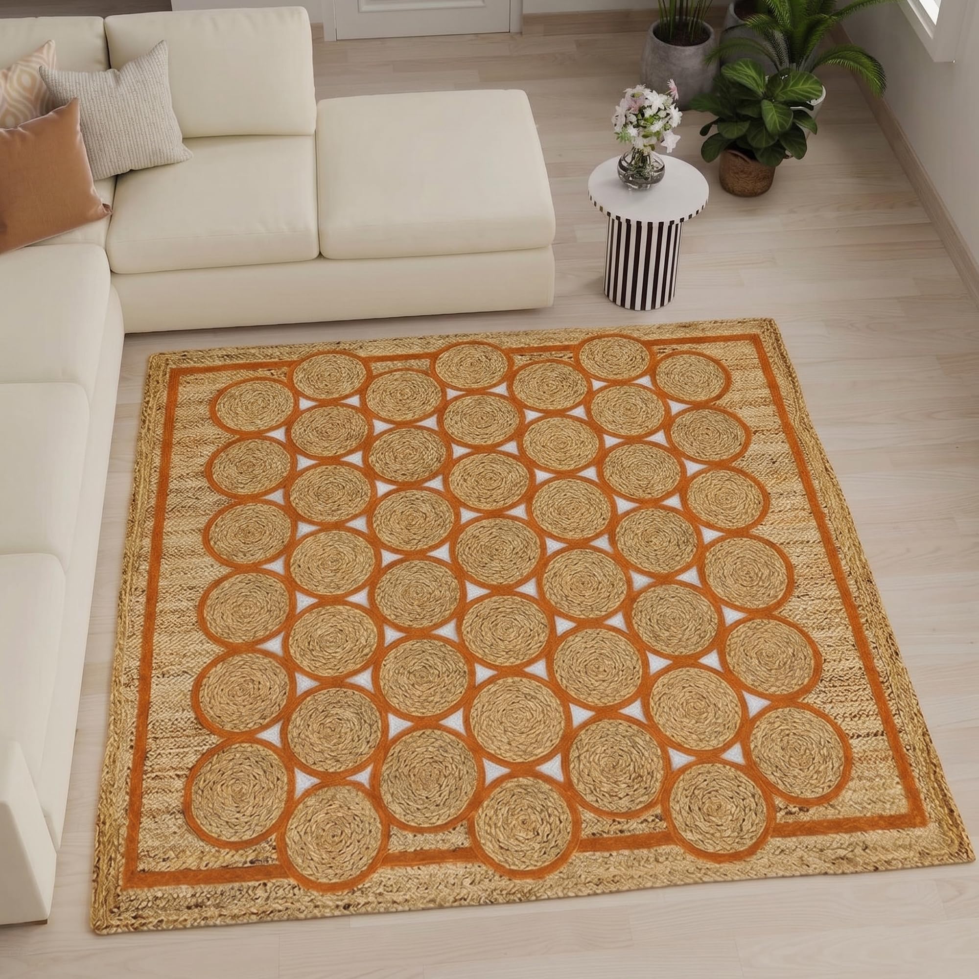 Tapis en jute naturelle 3x3m carré de 0.7cm d'épaisseur avec bordure orange