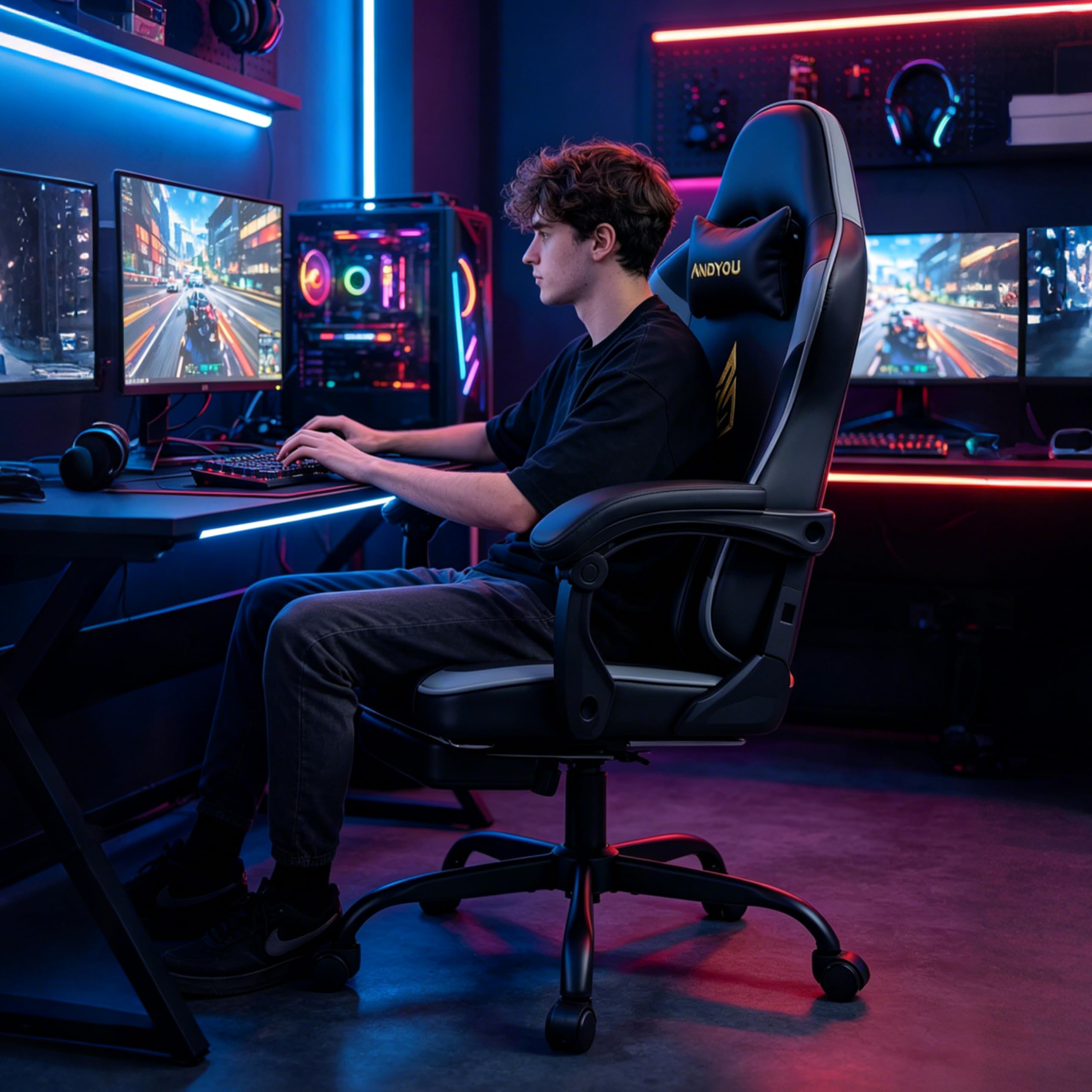 Andyou Silla Gaming Ergonomica con Reposapiés–Regulable en Altura, Cuero PU, Reposacabezas y Soporte Lumbar, Respaldo Reclinable 90-135°, 130 kg, Negro